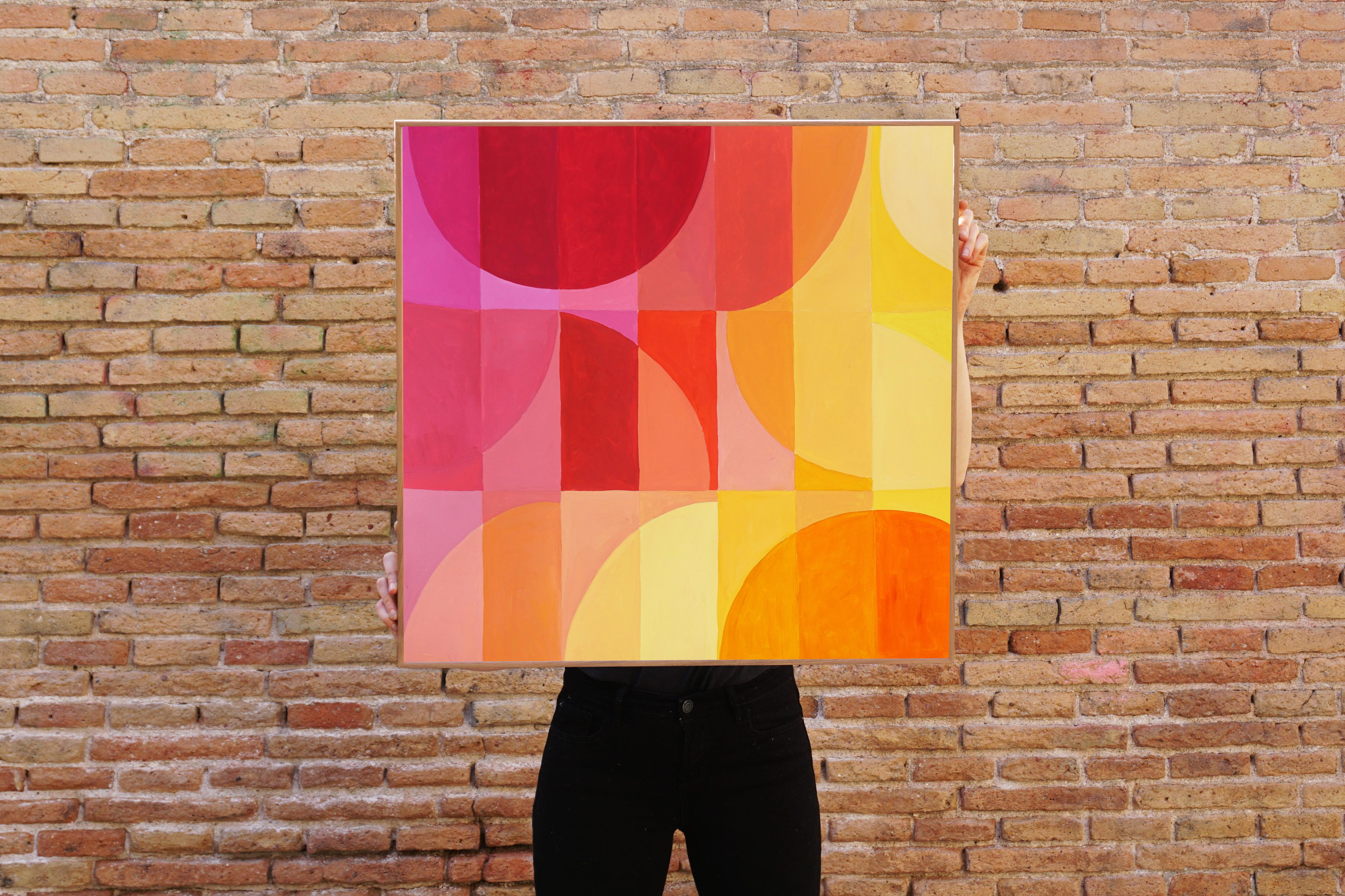 Southern Hemisphere-Sonnenuntergang, quadratisch, Bauhaus, rosa-gelber Farbverlauf, Fucsia- Grid (Orange), Abstract Painting, von Natalia Roman