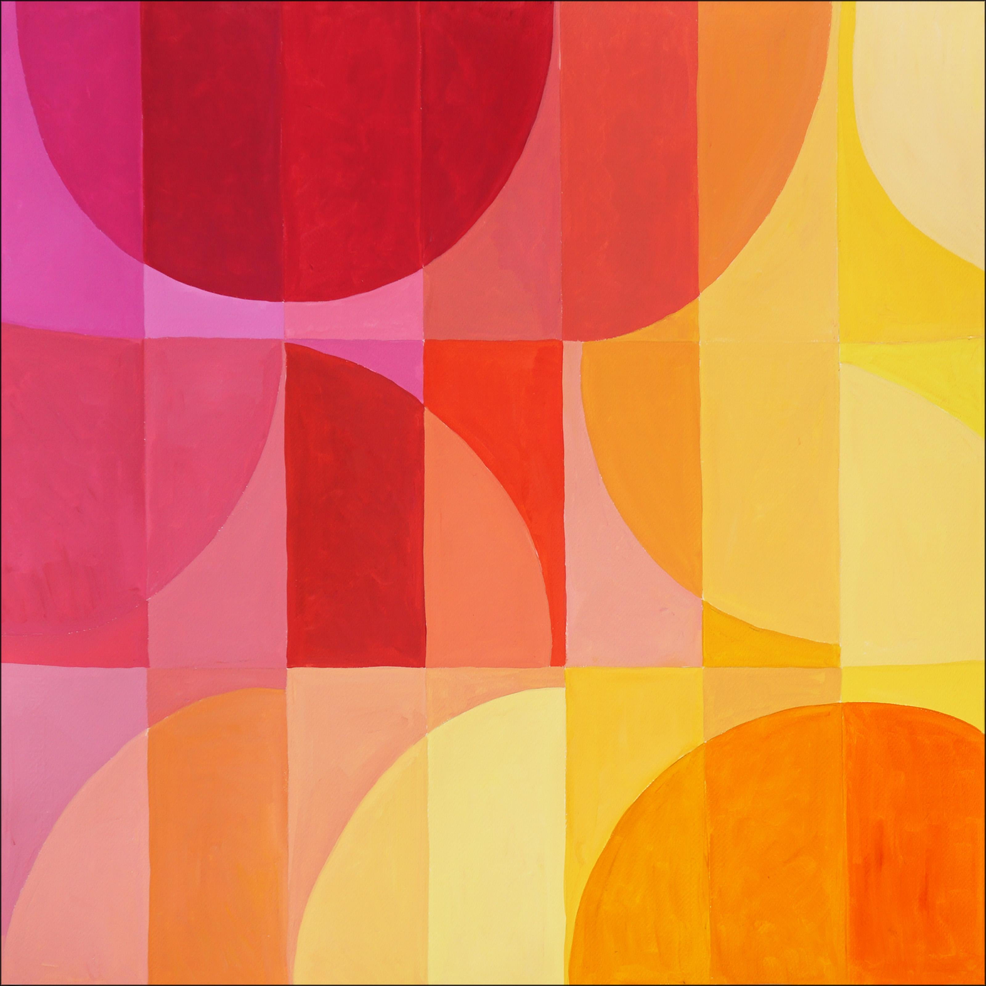 Natalia Roman Abstract Painting – Southern Hemisphere-Sonnenuntergang, quadratisch, Bauhaus, rosa-gelber Farbverlauf, Fucsia- Grid