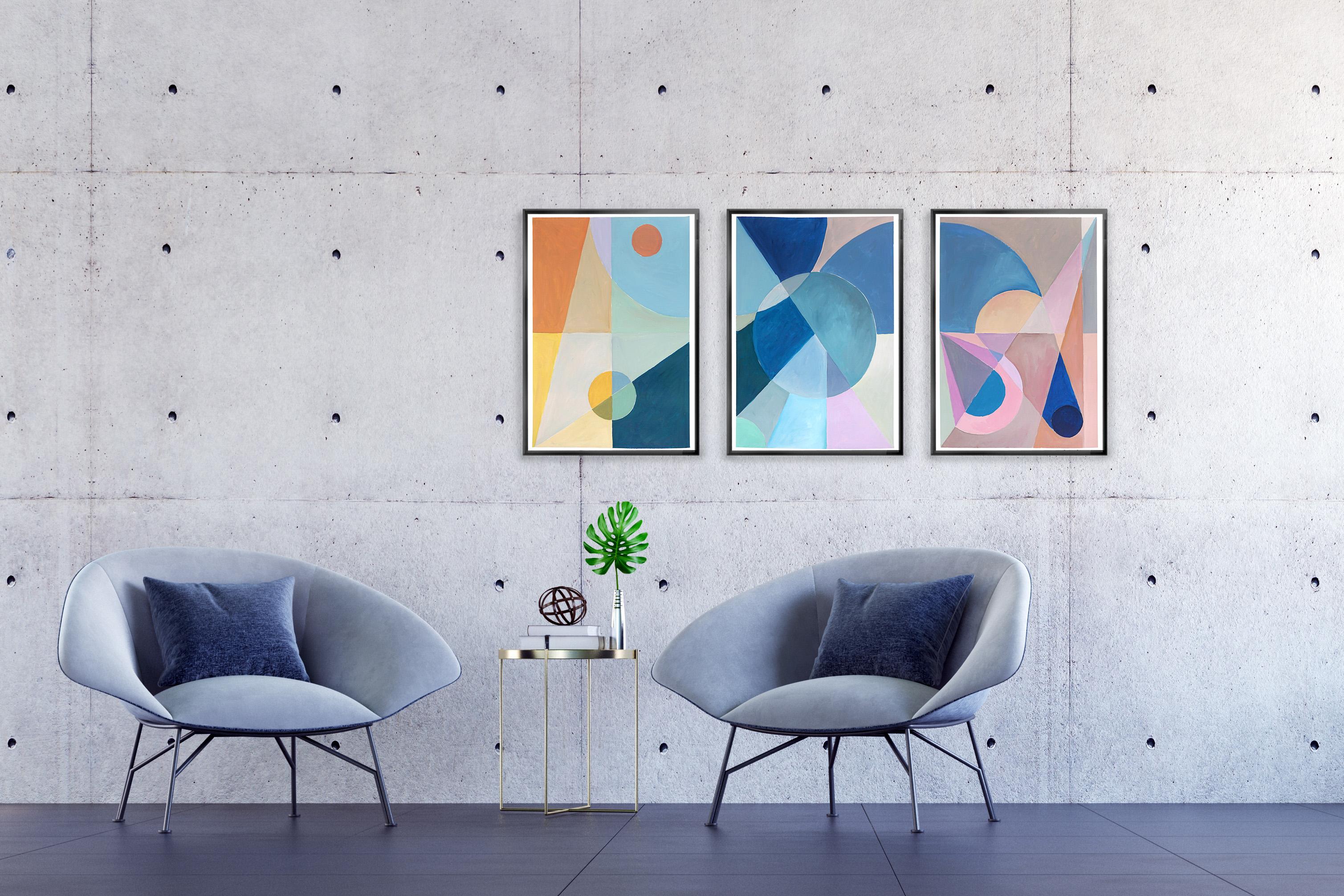 Trittico di toni pastello dell'emisfero australe, blu, rosa, giallo Astronomia - Painting di Natalia Roman