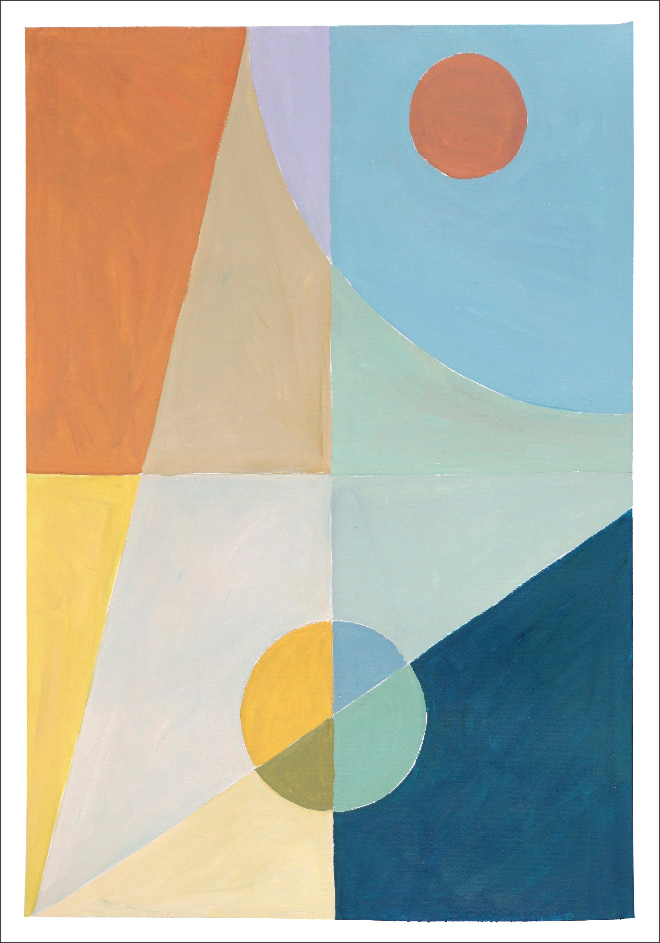 Triptyque de tons pastel de l'hémisphère sud, bleu, rose, jaune, astrologie - Géométrique abstrait Painting par Natalia Roman