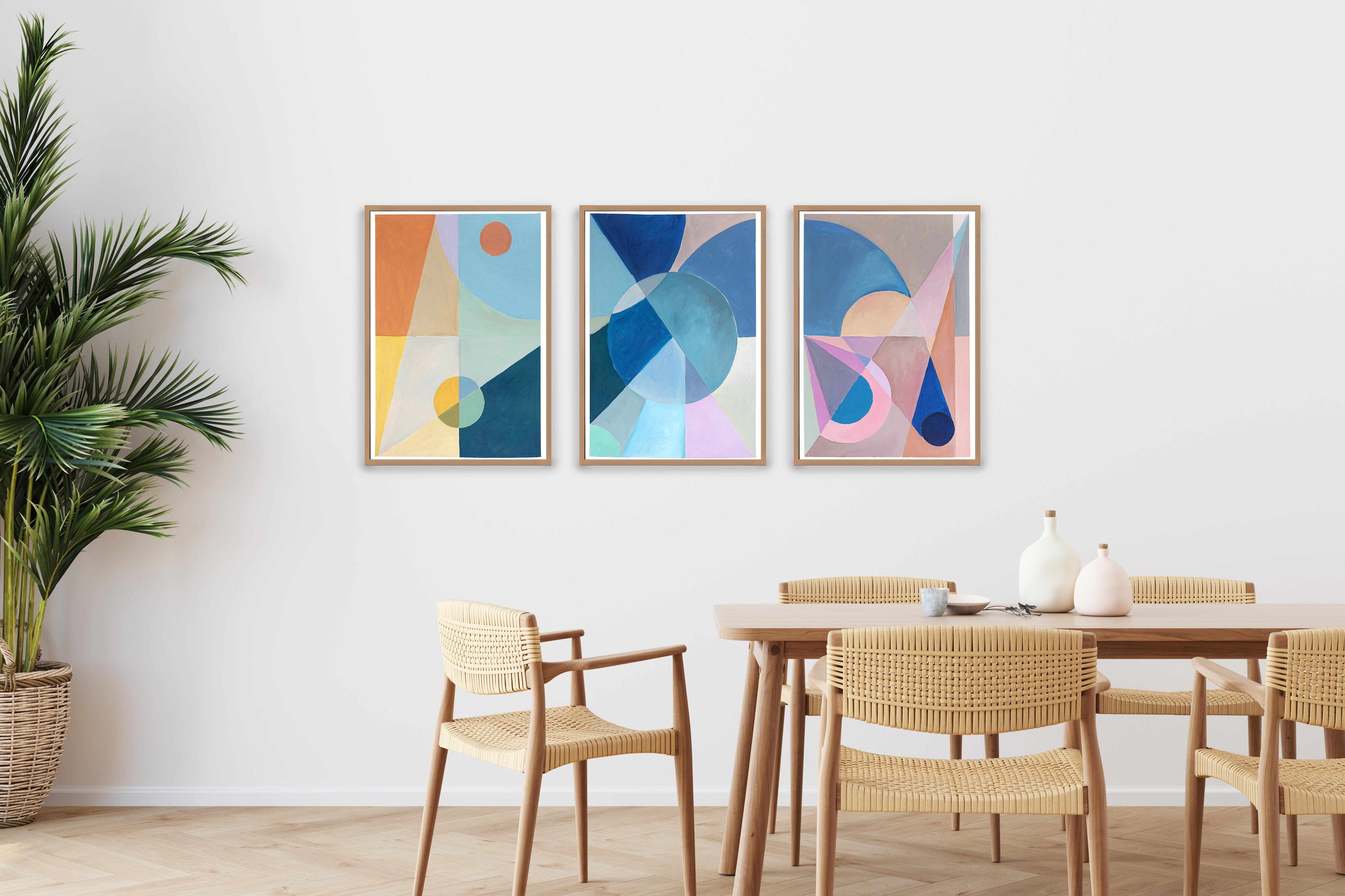Southern Hemisphere Twilight Pastel Tones Triptych, Blue, Pink, Yellow Astronomy - Abstract Geometric Painting by Natalia Roman