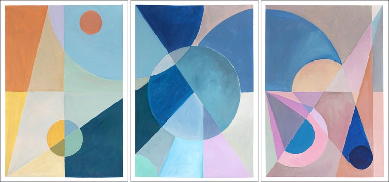 Natalia Roman Landscape Painting - Southern Hemisphere Twilight Pastel Tones Triptych, Blue, Pink, Yellow Astronomy
