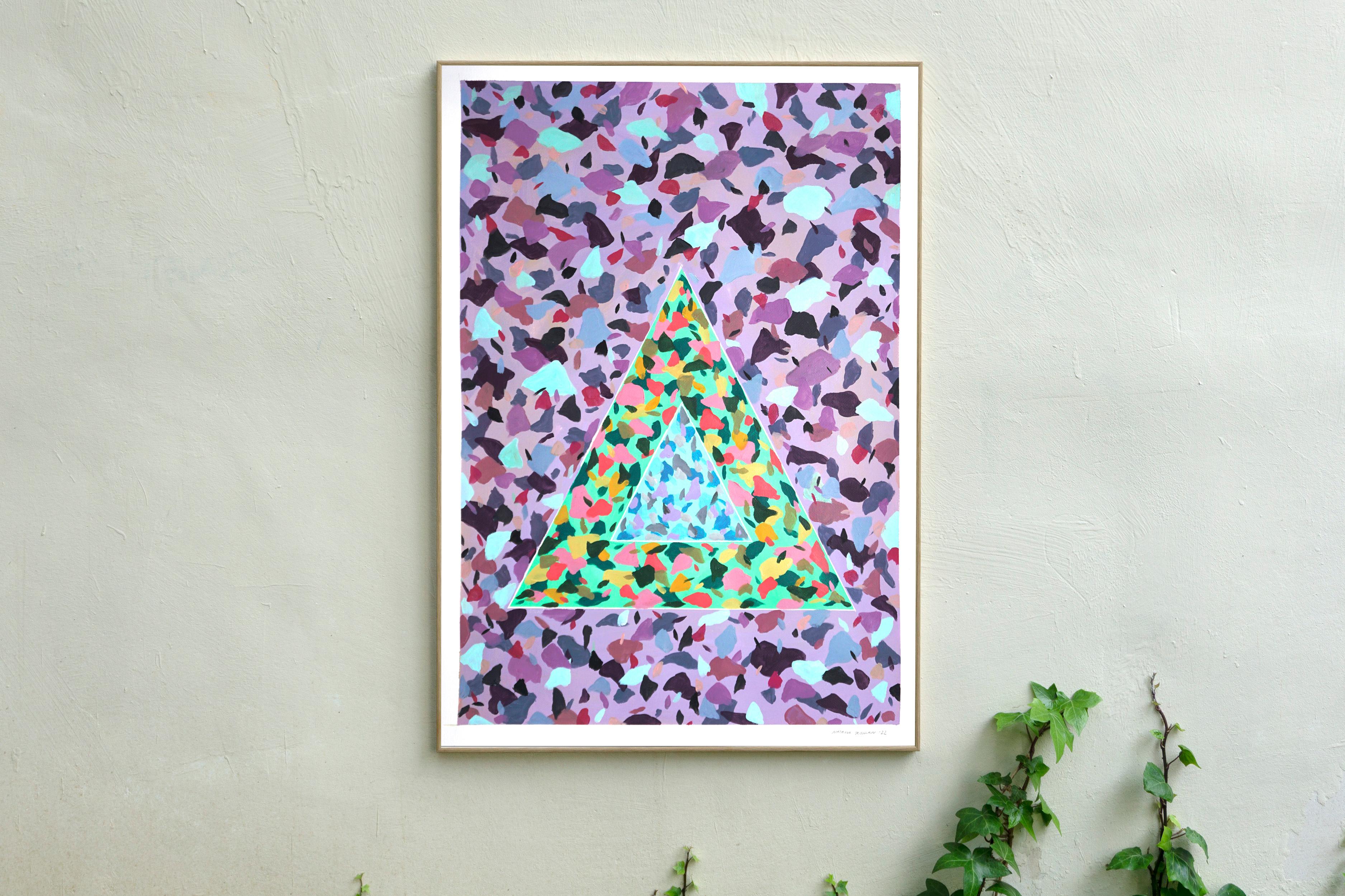 Space Age Clay Triangles, Abstract Terrazzo Tile Pattern in Mauve and Baby Blue - Painting by Natalia Roman