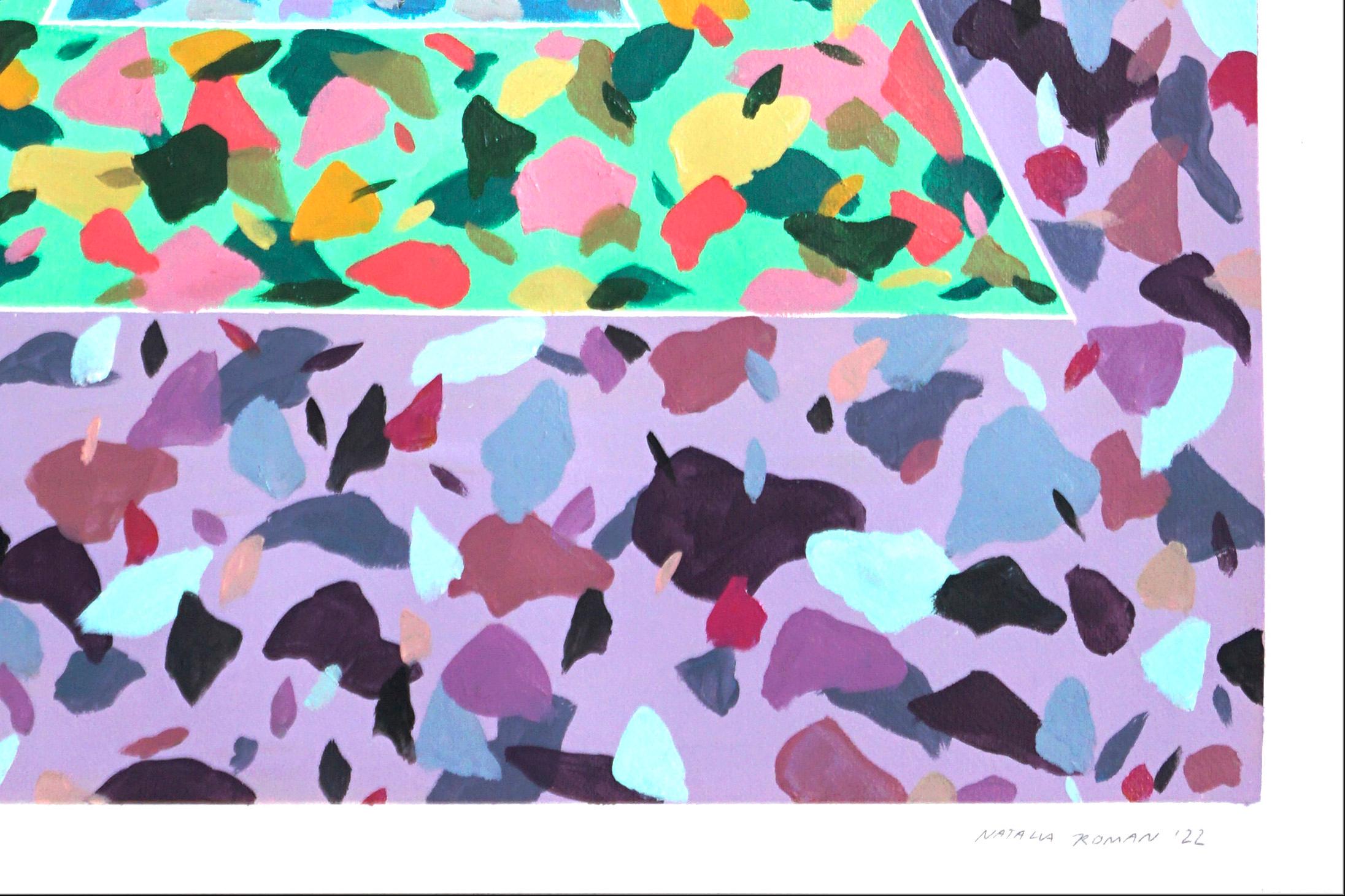 Space Age Ton-Dreiecke, abstraktes Terrazzo-Kachelmuster in Mauve und Babyblau (Violett), Abstract Painting, von Natalia Roman