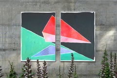 Space Age Triangles, Retro Futuristic Geometry, Color Field in Black, Red, Green