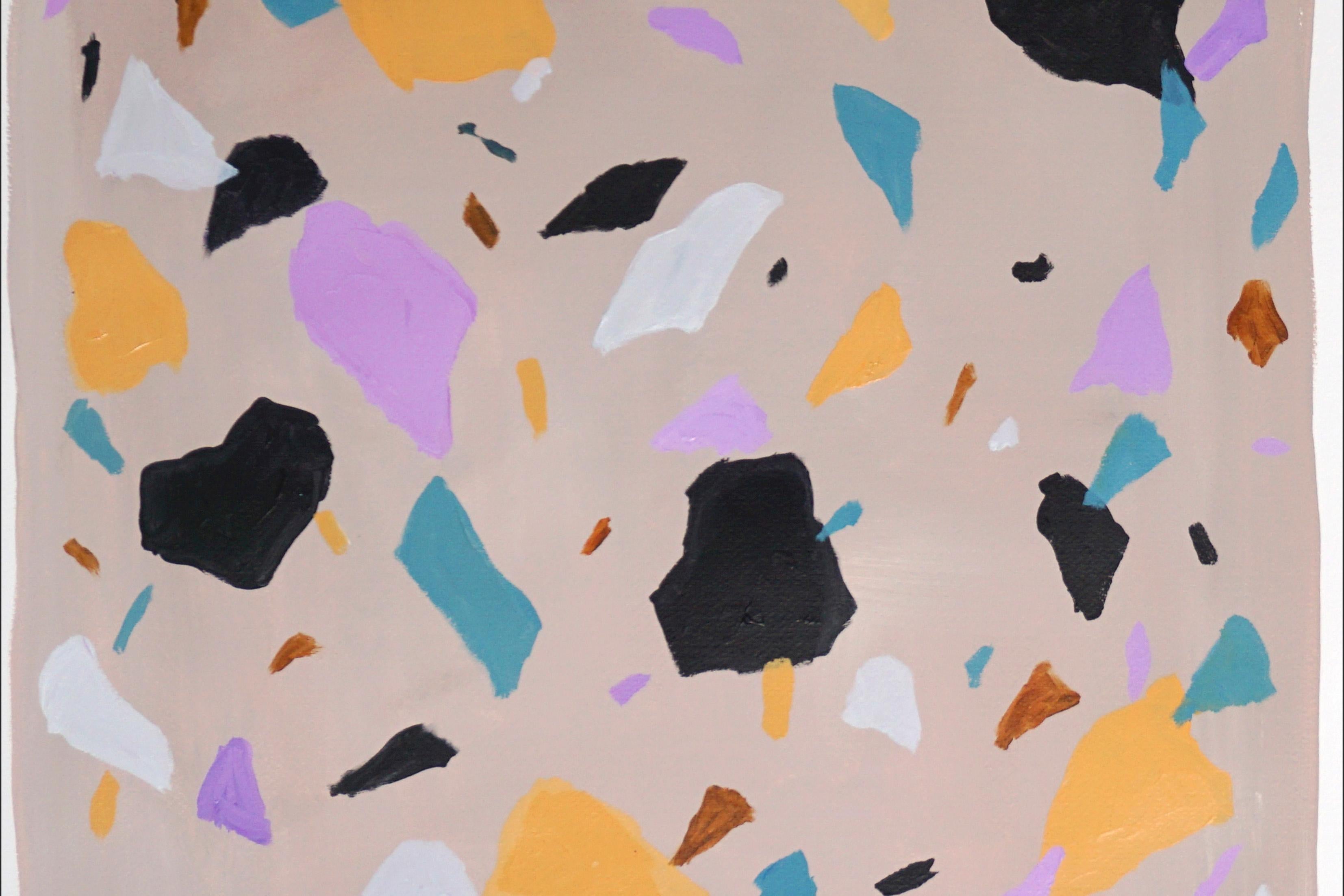 Space Gray Terrazzo Diptychon, Abstrakte Formen in Lila, Gelbe Pastelltöne Kacheln in Space Gray (Abstrakter Impressionismus), Painting, von Natalia Roman
