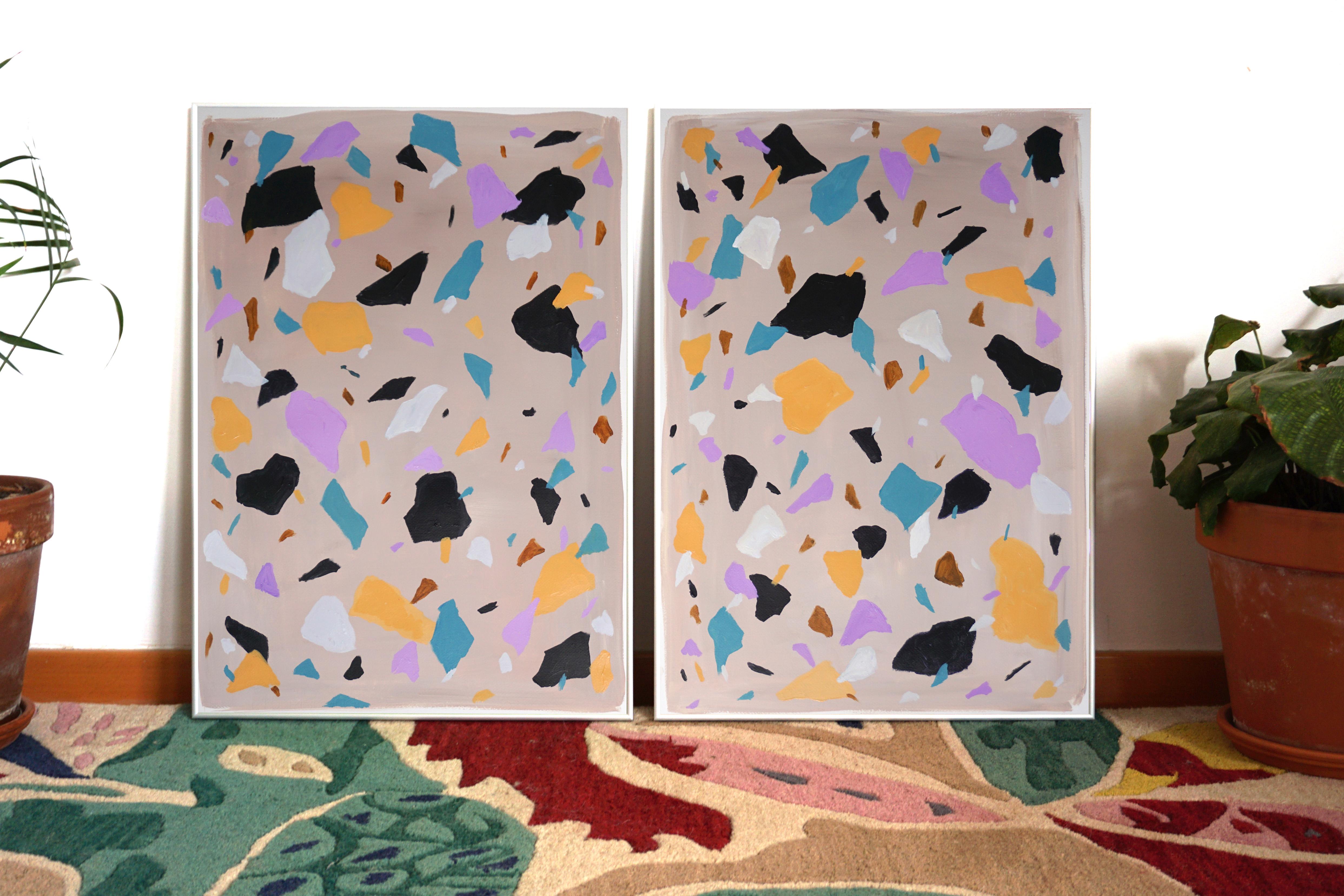 Space Gray Terrazzo Diptych, Abstract Forms in Purple, Yellow Pastel Tones Tiles - Abstract Impressionist Painting by Natalia Roman