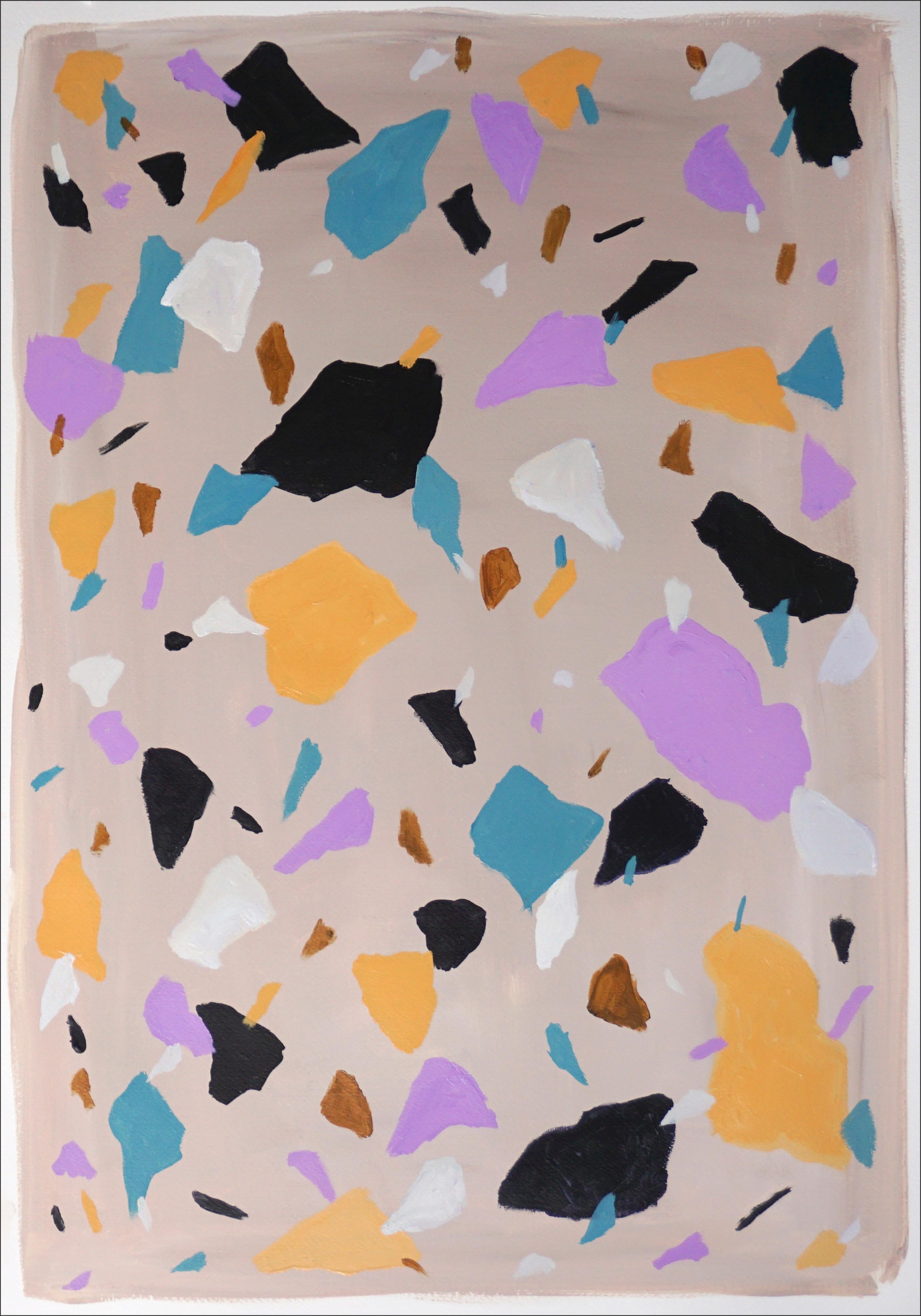 Space Gray Terrazzo Diptych, Abstract Forms in Purple, Yellow Pastel Tones Tiles - Beige Abstract Painting by Natalia Roman