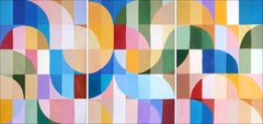 Olas primaverales en mosaico, arcos y curvas Bauhaus, tríptico de tonos vivos, papel