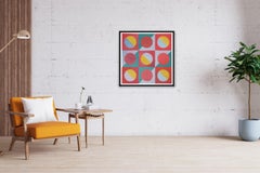 Squared Painting of Maroon Keyhole Maze, Geometric Bauhaus Tiles in Red & Yellow