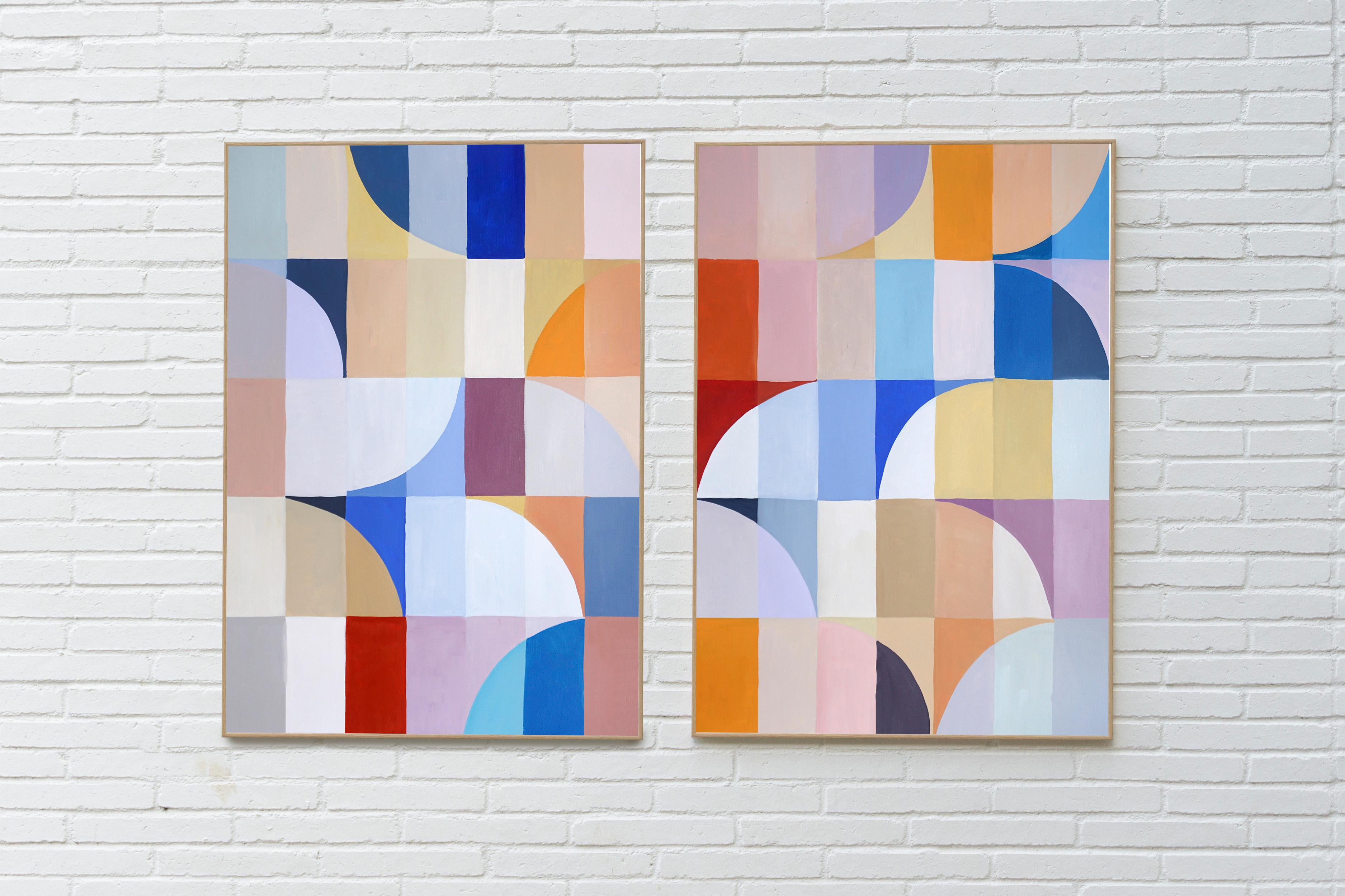 Vitrail du Bauhaus, teintes de tons transitionnels, motifs d'arcs sur papier - Painting de Natalia Roman