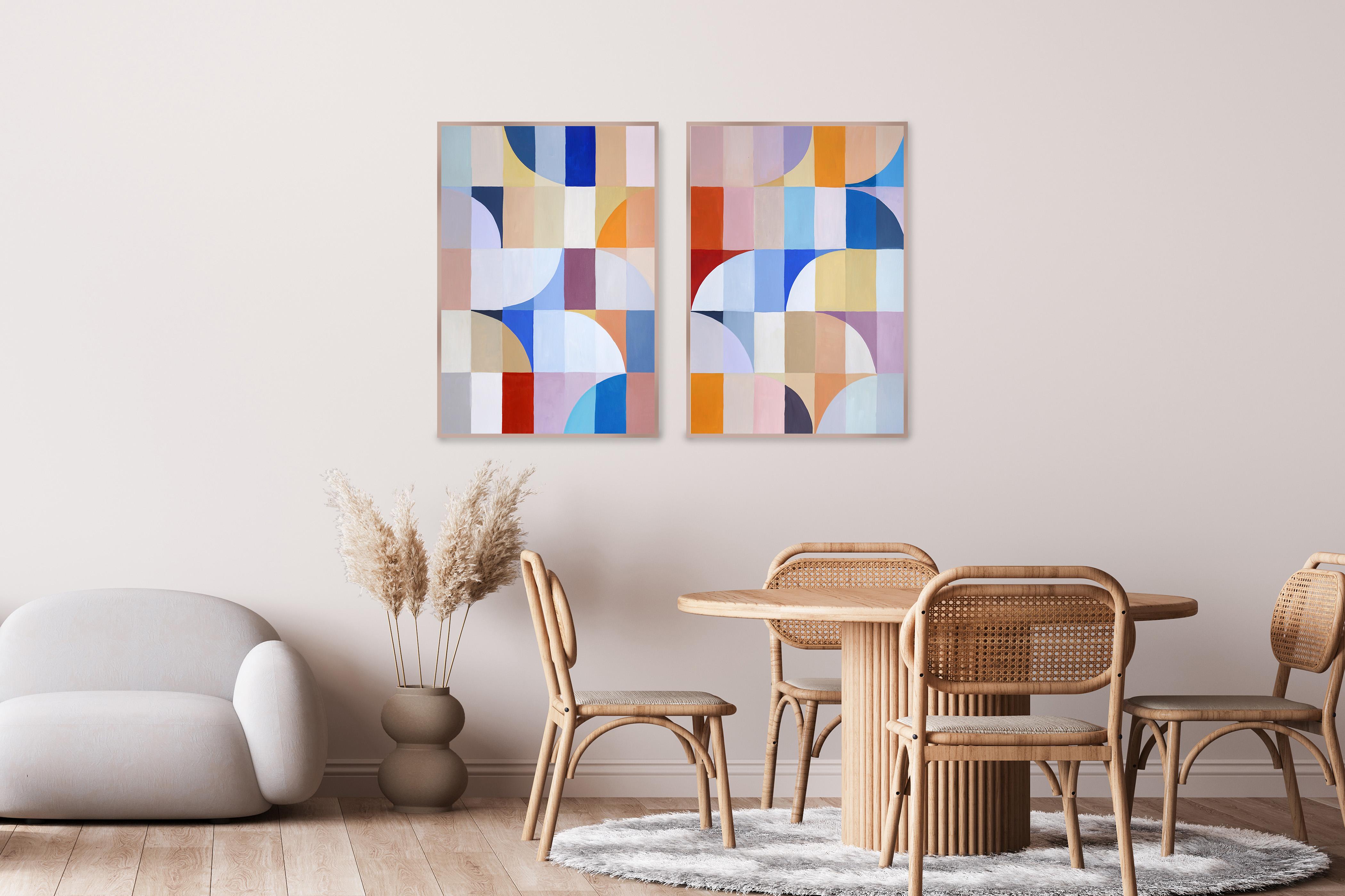 Vitrail du Bauhaus, teintes de tons transitionnels, motifs d'arcs sur papier - Cubisme analytique Painting par Natalia Roman