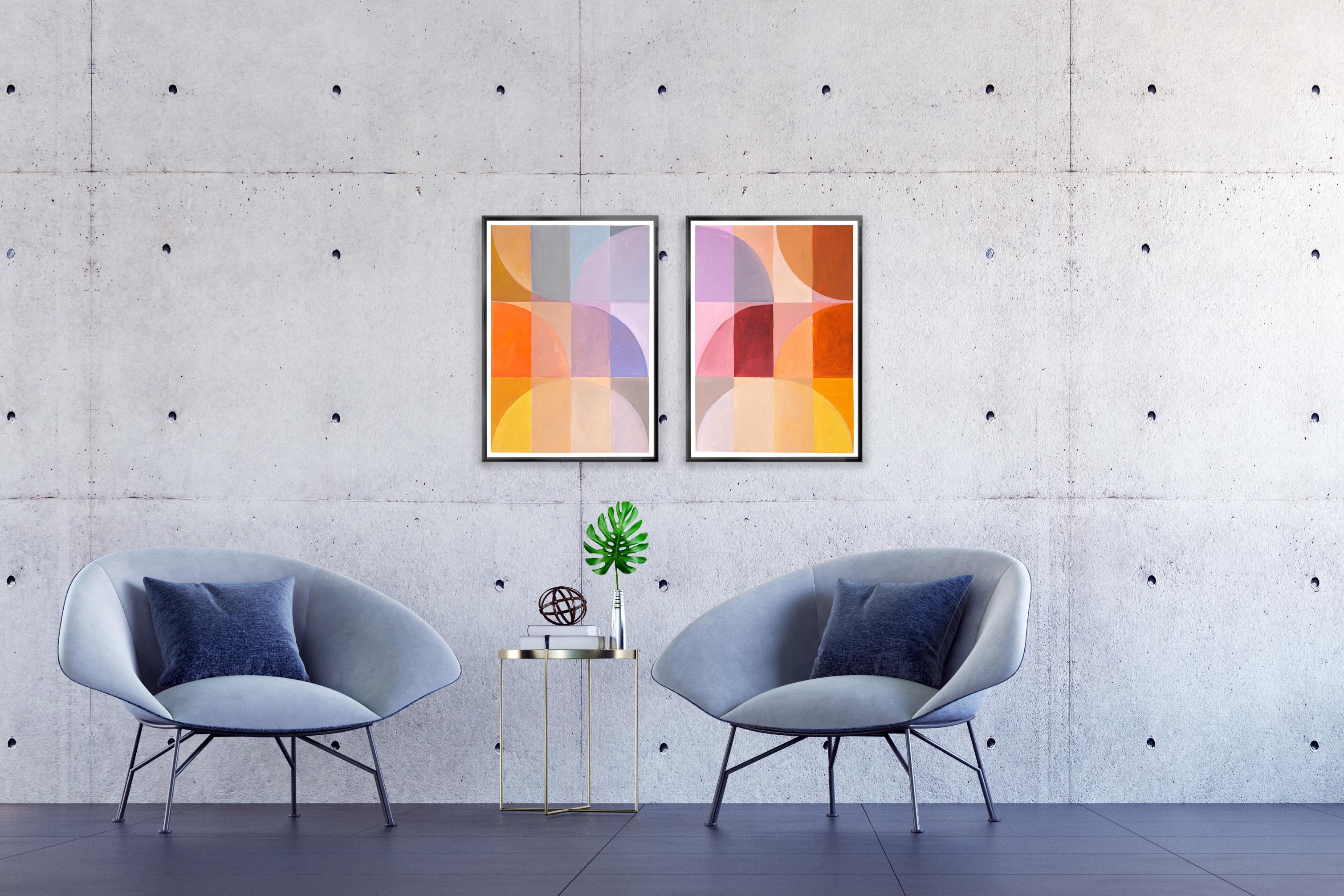 Stained Glass Study in Pastel Hues, Bauhaus Pattern Diptych, Warm Yellow, Pink 1