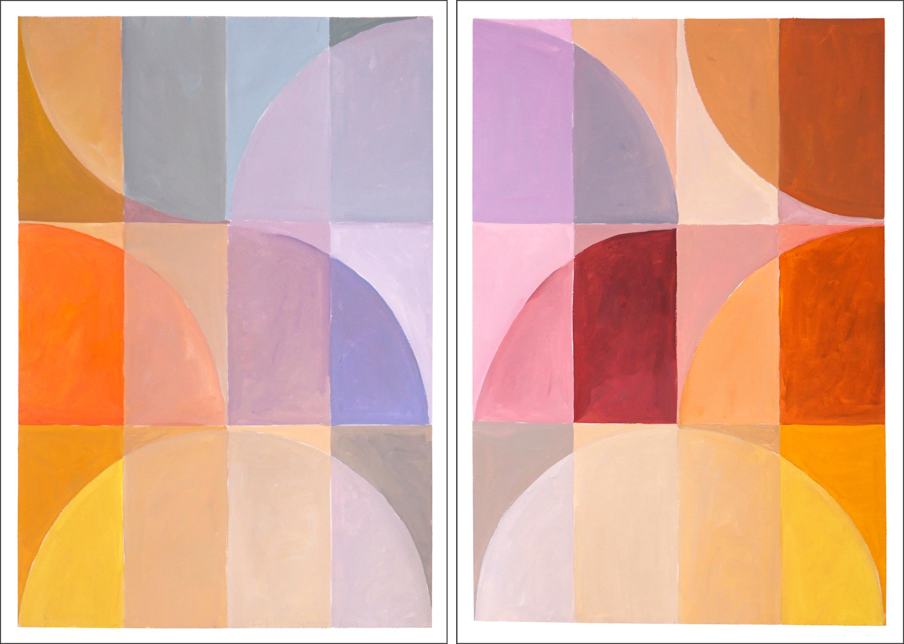 Natalia Roman Landscape Painting - Stained Glass Study in Pastel Hues, Bauhaus Pattern Diptych, Warm Yellow, Pink