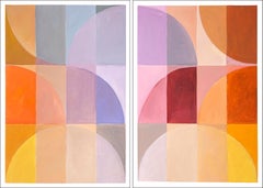 Étude en verre teinté aux teintes pastel, diptyque à motif Bauhaus, jaune chaud, rose