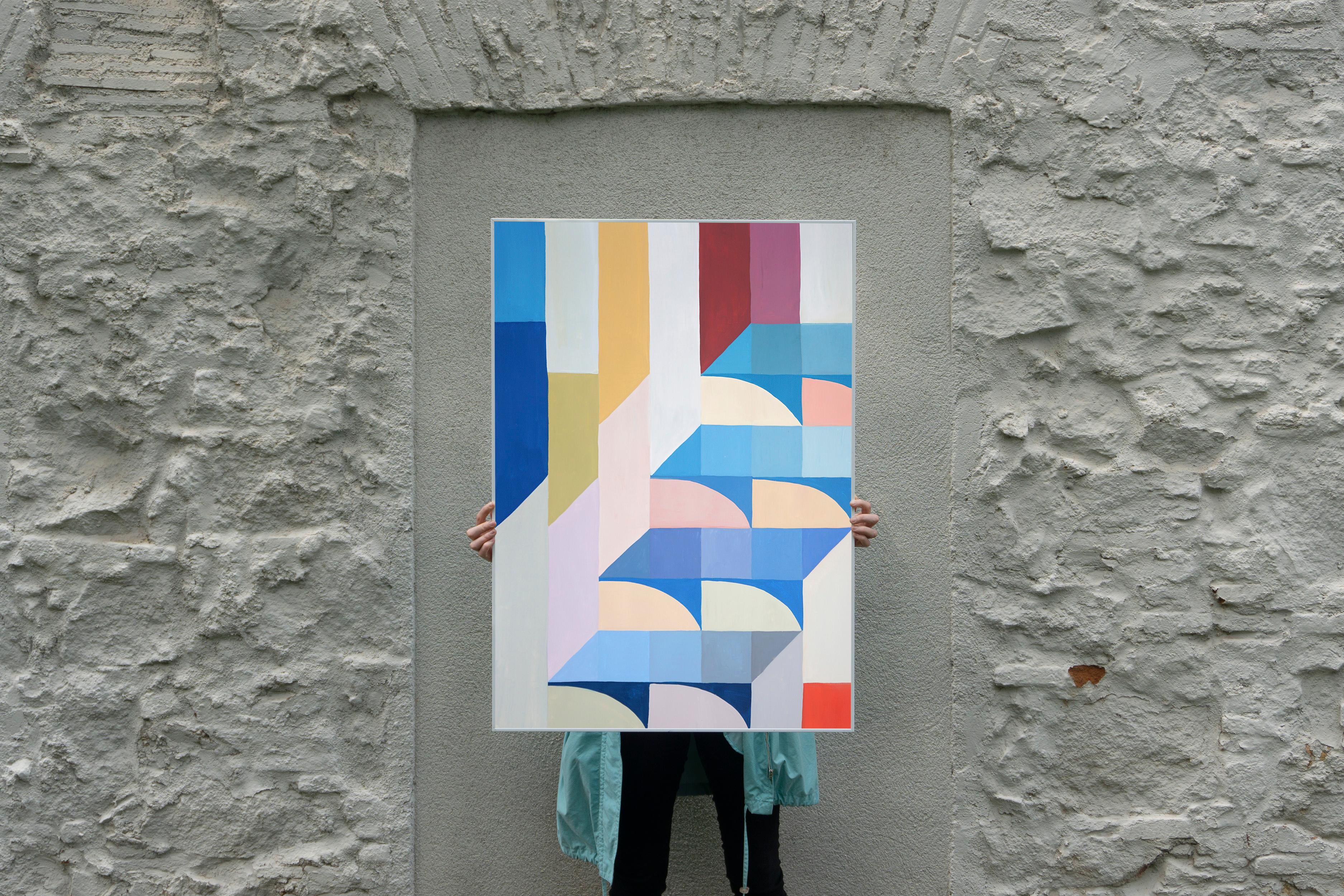 Staircase to Summit, Space AGE Modern Age Arches, Geometric Bauhaus Blue Arches (en anglais) - Painting de Natalia Roman