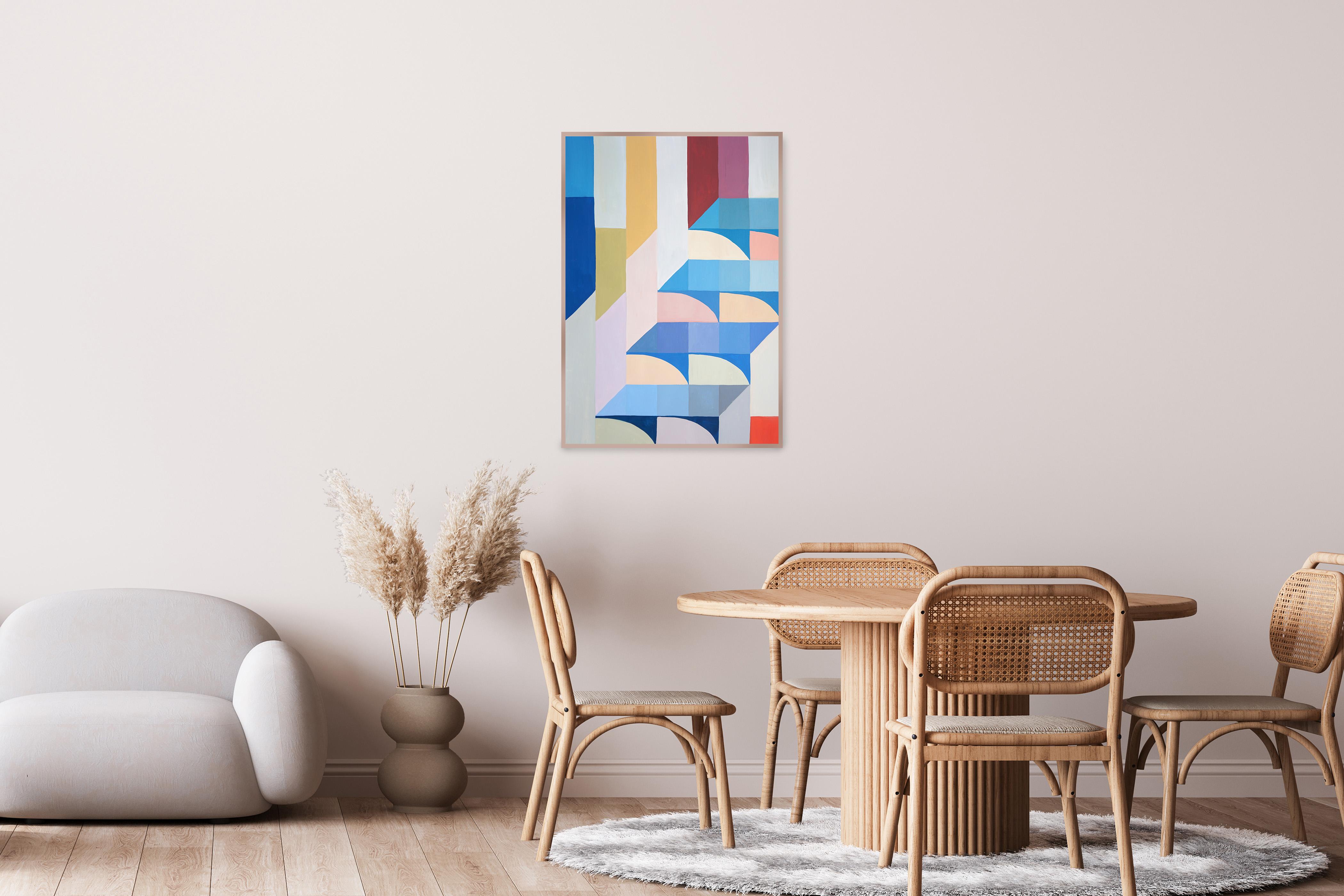 Staircase to Summit de Natalia Roman canalise l'esprit de la géométrie du Bauhaus et de l'optimisme du NOGE à travers une composition à la fois précise et poétique de formes et de champs de couleurs qui s'entrecroisent. Les bleus doux, les tons