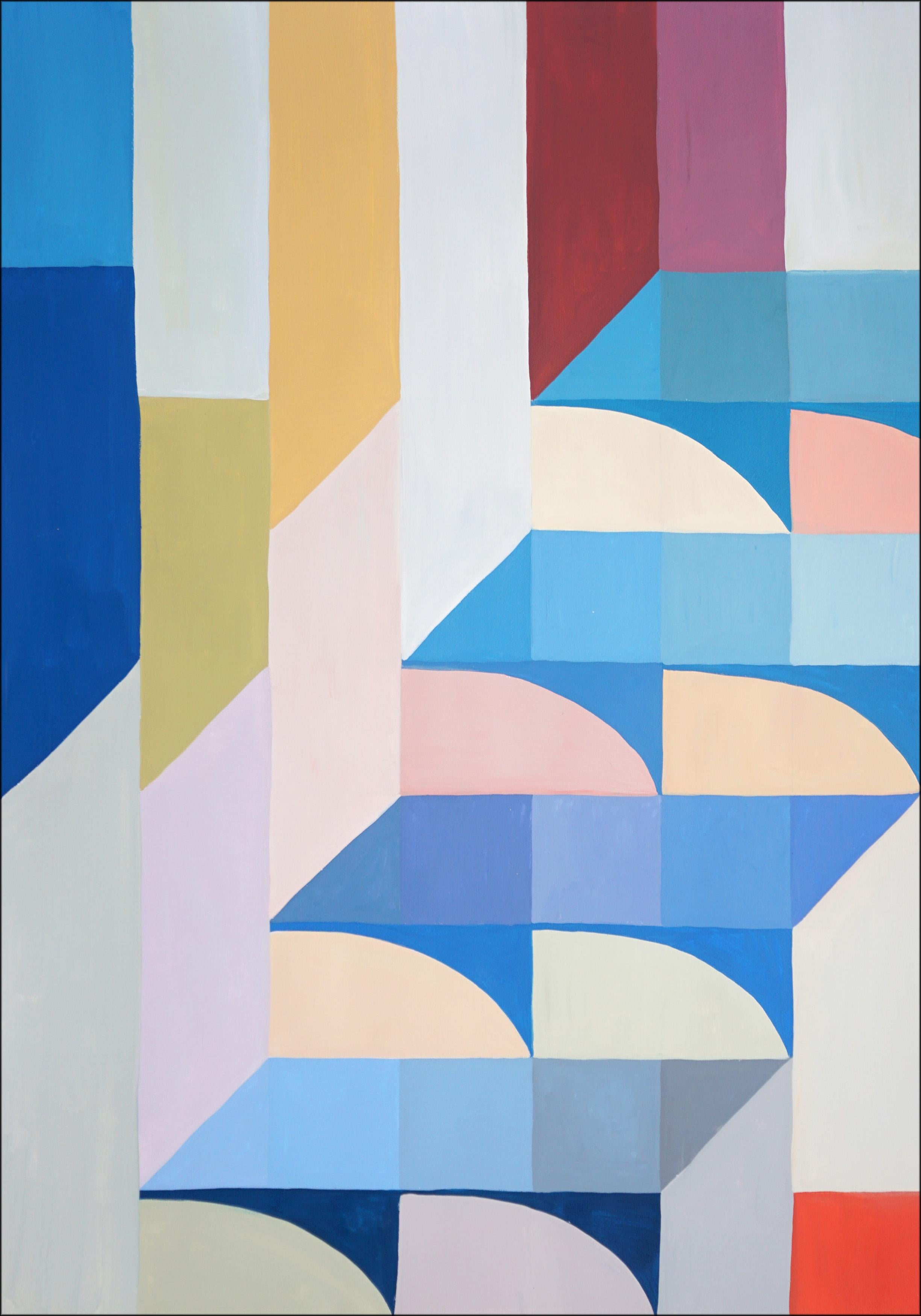 Abstract Painting Natalia Roman - Staircase to Summit, Space AGE Modern Age Arches, Geometric Bauhaus Blue Arches (en anglais)