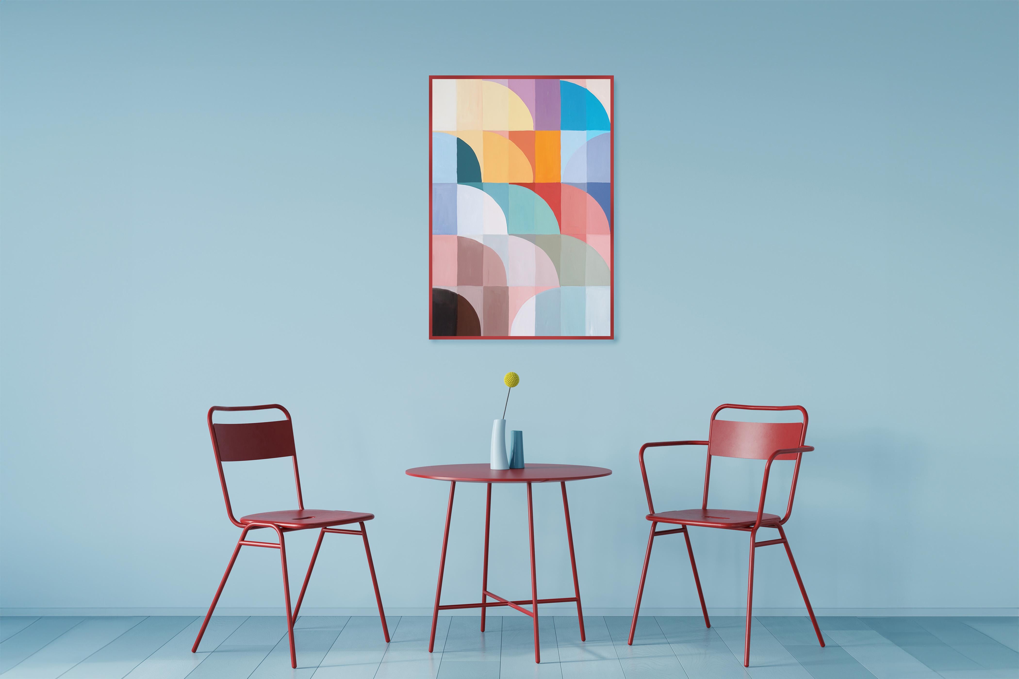 Scala verso il tramonto, paesaggio architettonico Bauhaus in toni pastello su carta - Painting Cubismo di Natalia Roman