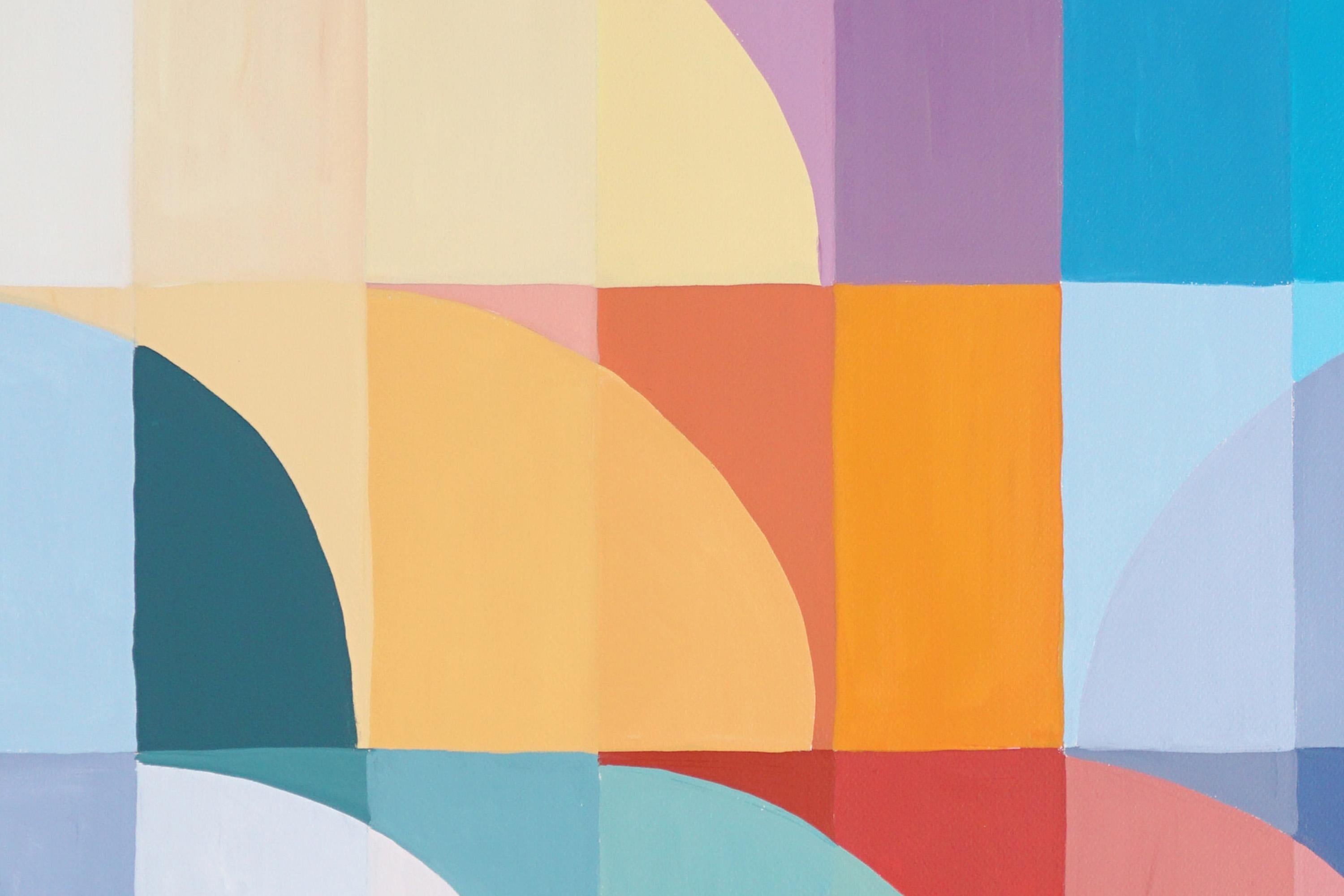 Scala verso il tramonto, paesaggio architettonico Bauhaus in toni pastello su carta - Abstract Painting Grigio di Natalia Roman