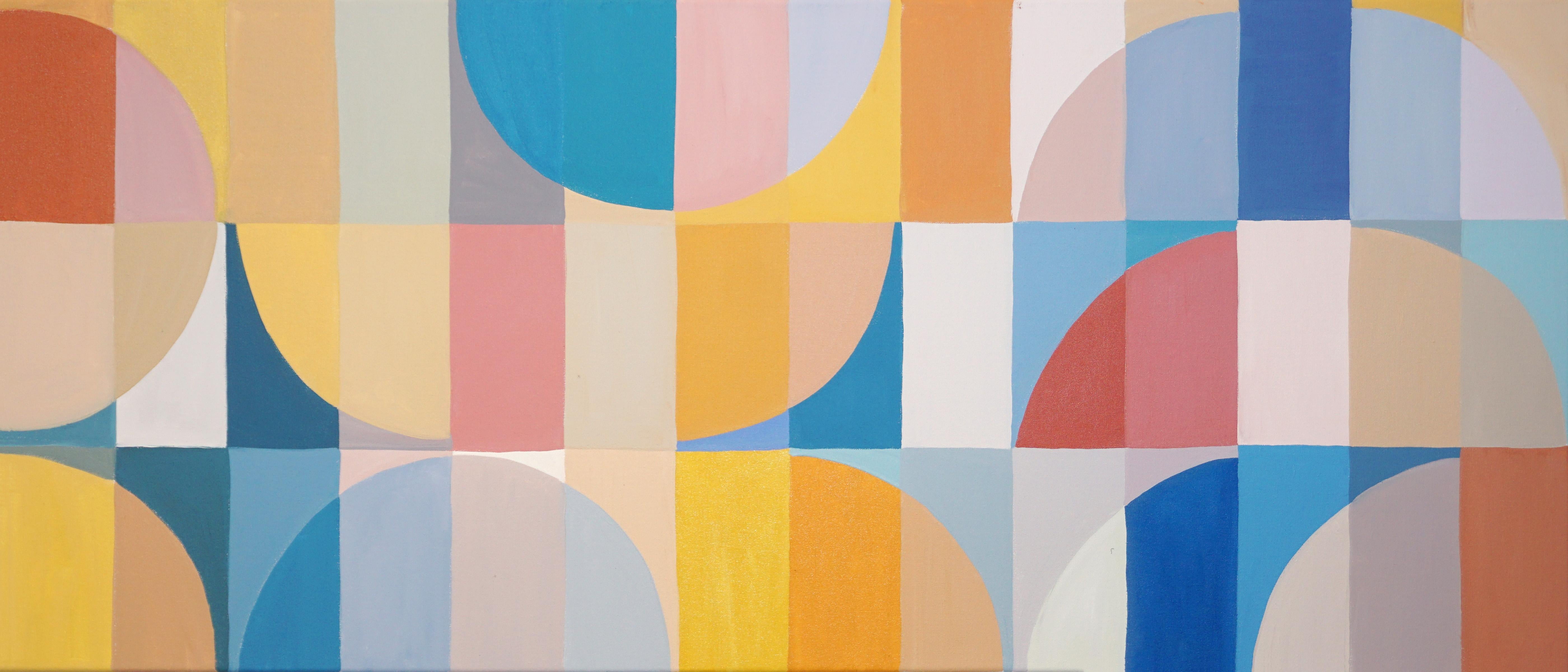 Natalia Roman Abstract Painting - Summer Prism, Bauhaus Landscape Grid, Horizontal Tiles, Yellow, Blue, Hue Canvas