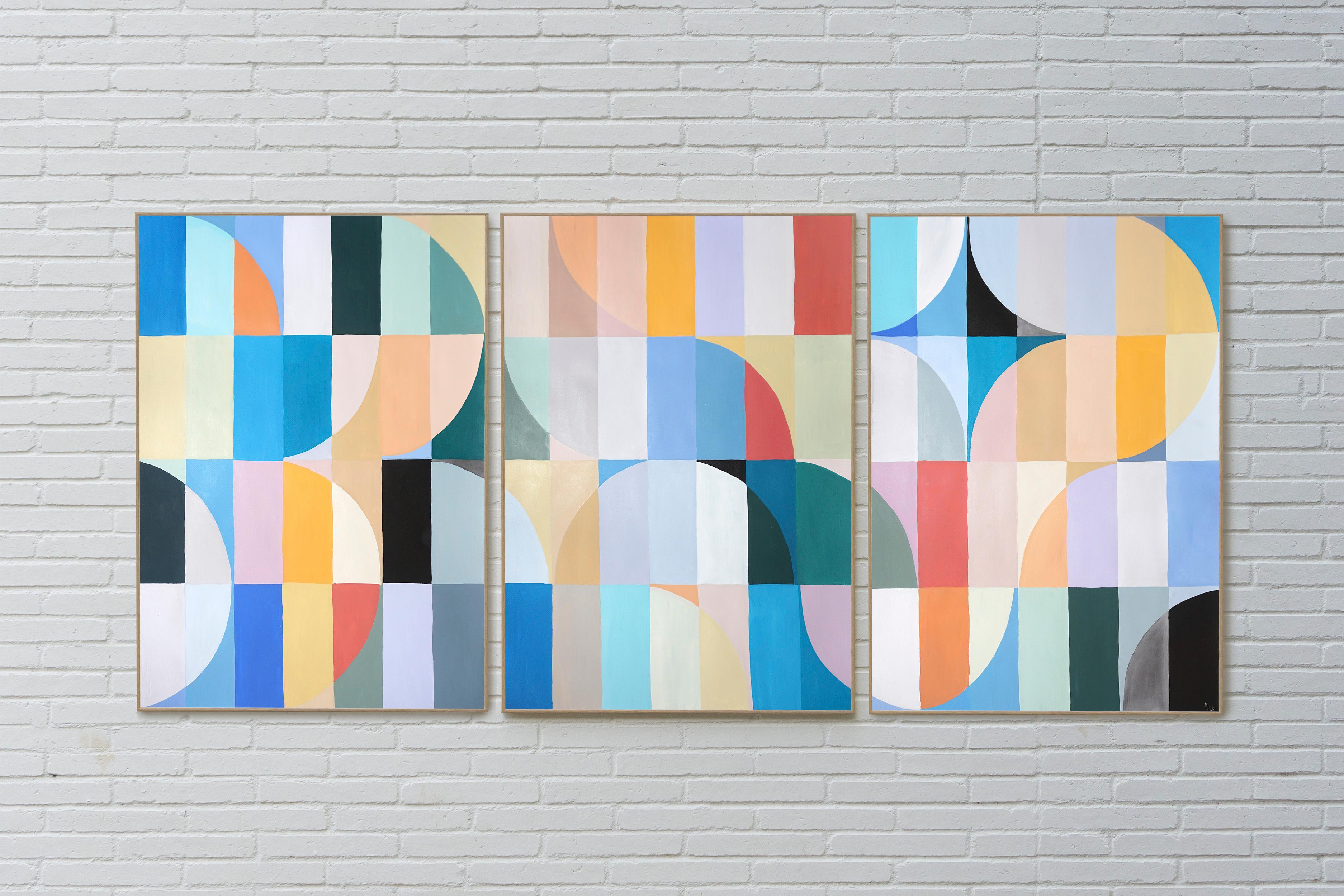Summer Waters, Bauhaus Triptych in Pastel Turquoise, Acrylic on Paper, Geometry - Painting by Natalia Roman