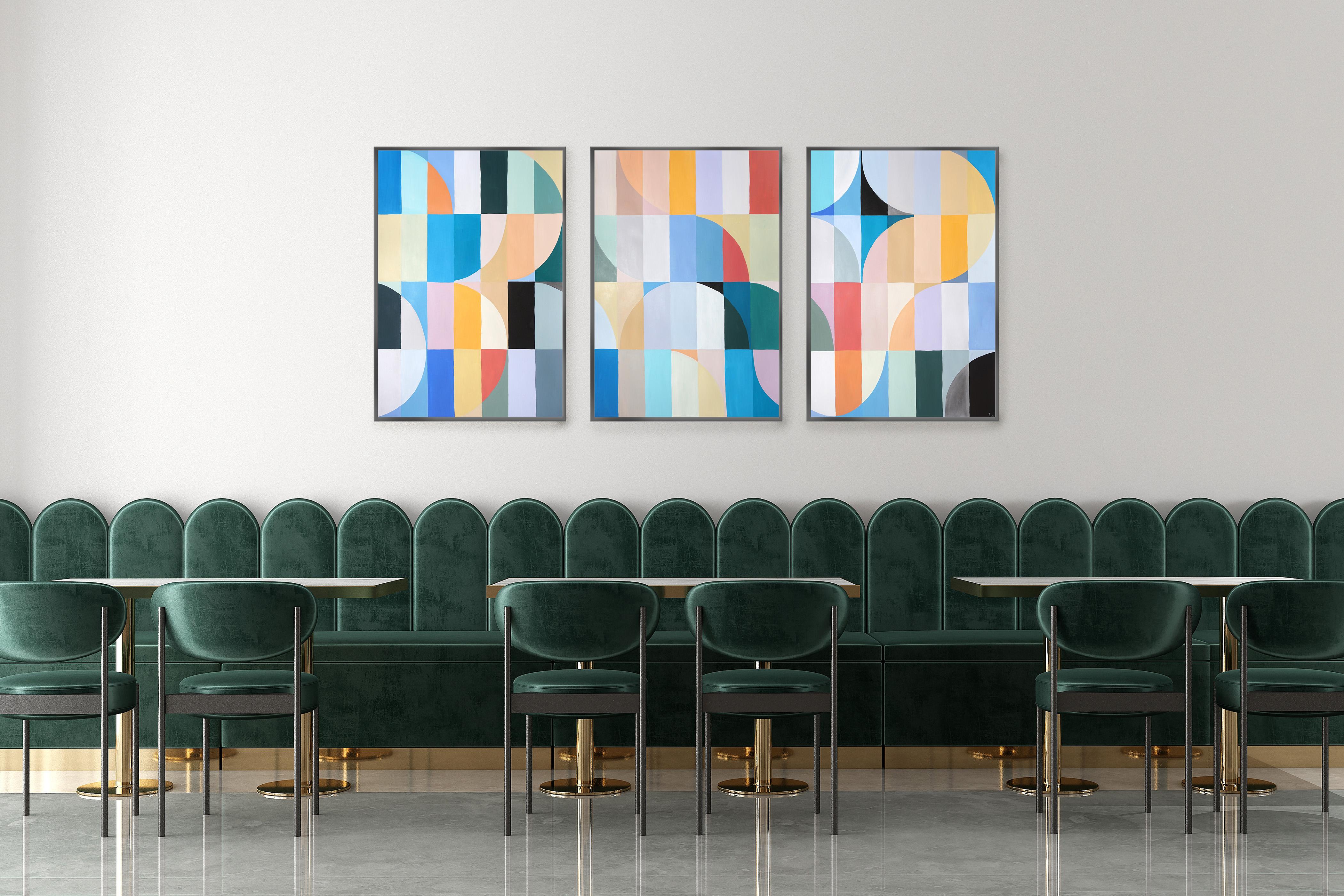 Summer Waters, Bauhaus Triptych in Pastel Turquoise, Acrylic on Paper, Geometry - Contemporary Painting by Natalia Roman