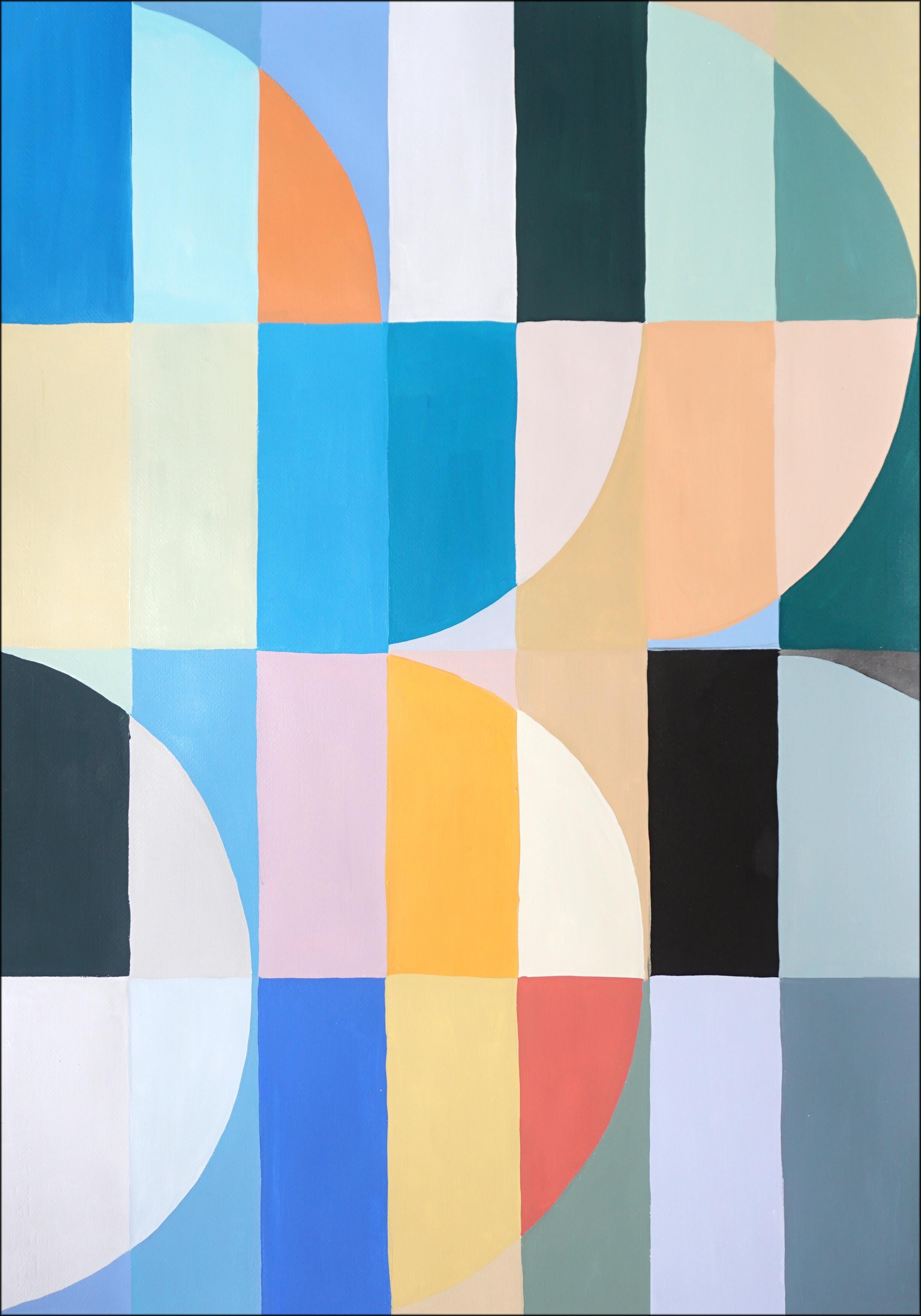 Summer Waters, Bauhaus Triptych in Pastel Turquoise, Acrylic on Paper, Geometry - Gray Abstract Painting by Natalia Roman