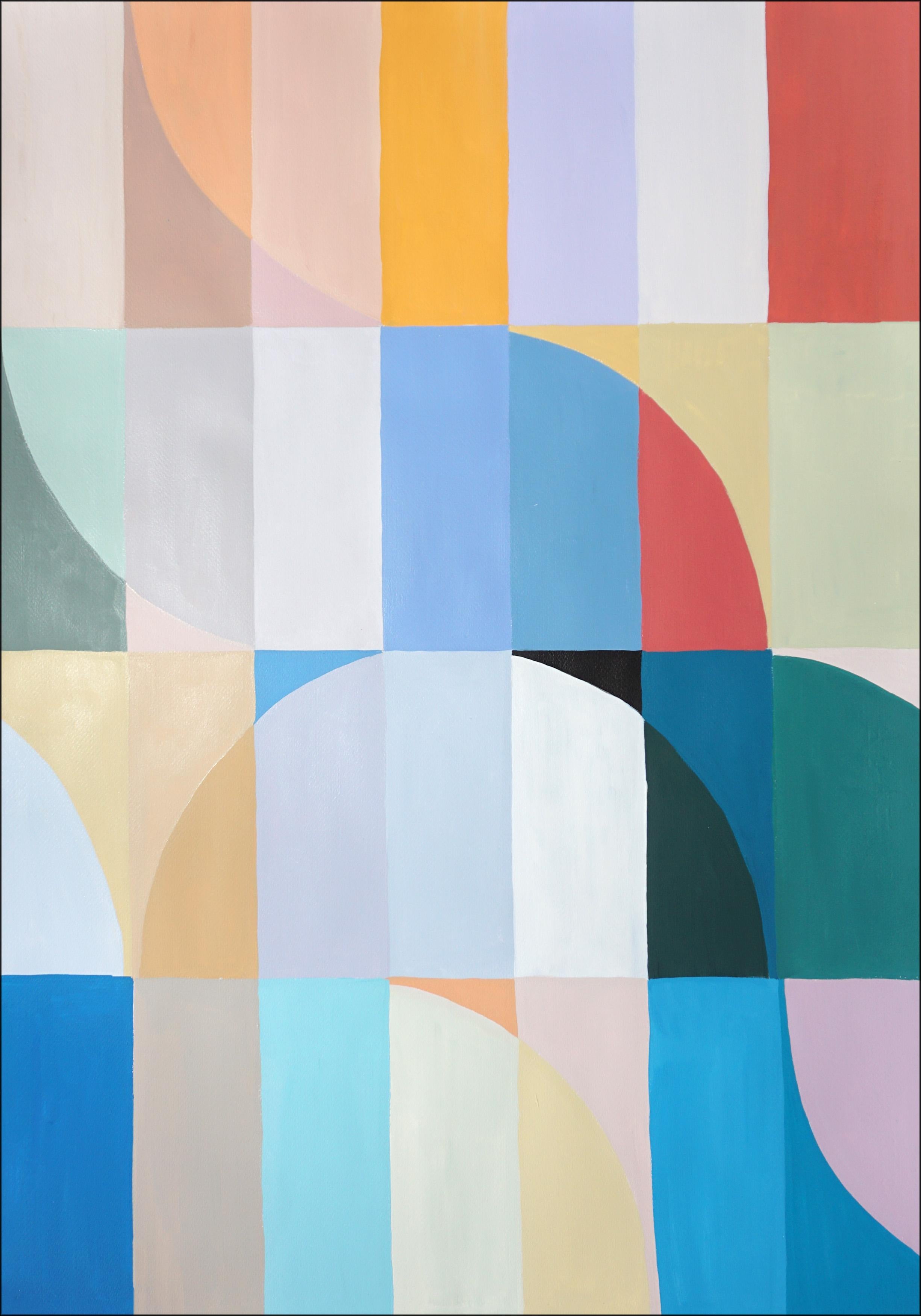 This series of abstract geometric paintings by Natalia Roman draws its inspiration from the sleek grids and curves of Bauhaus architecture, while at the same time exploring bright and pastel color variations. The arcs and curves, meticulously