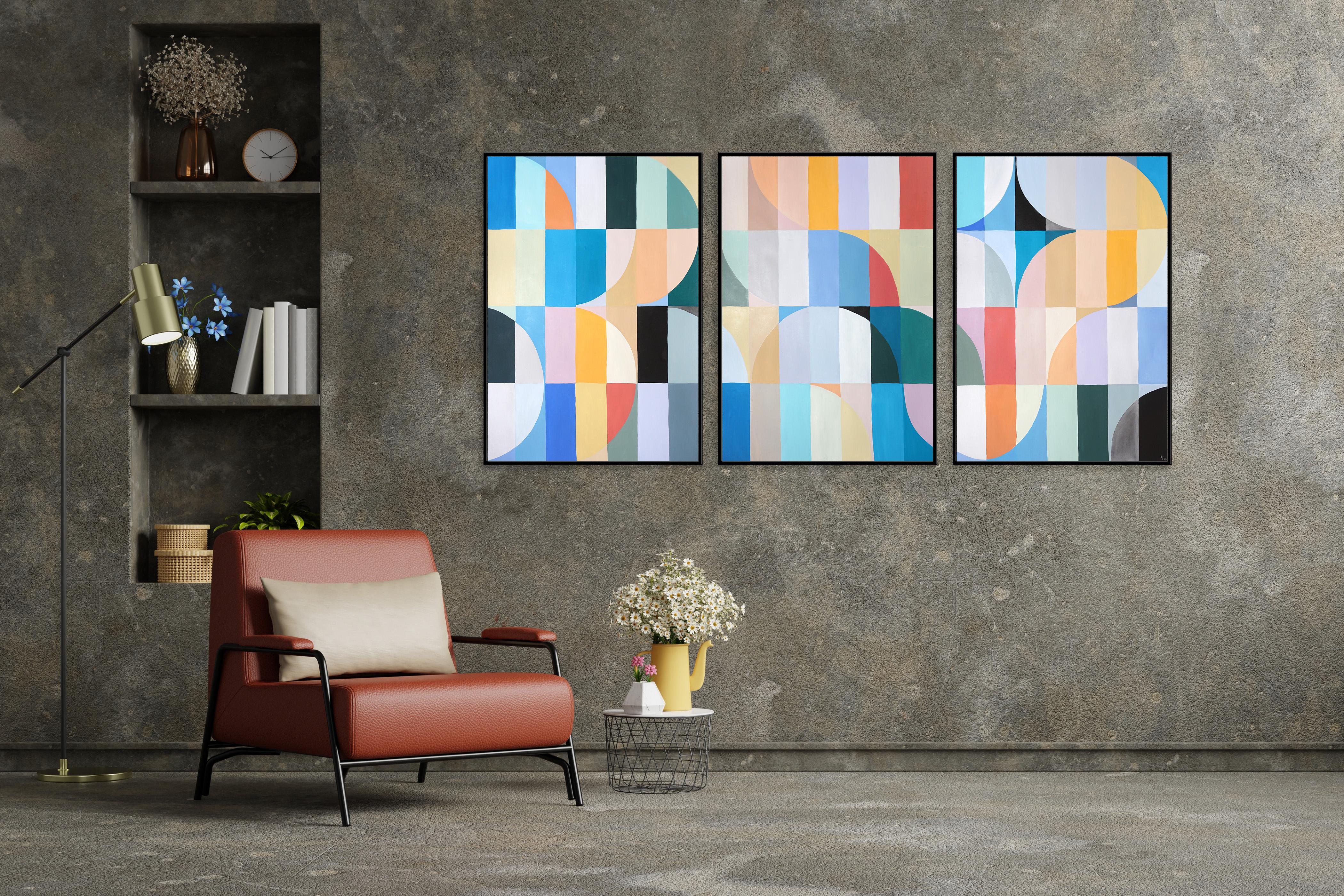Summer Waters, Bauhaus Triptych in Pastel Turquoise, Acrylic on Paper, Geometry For Sale 2