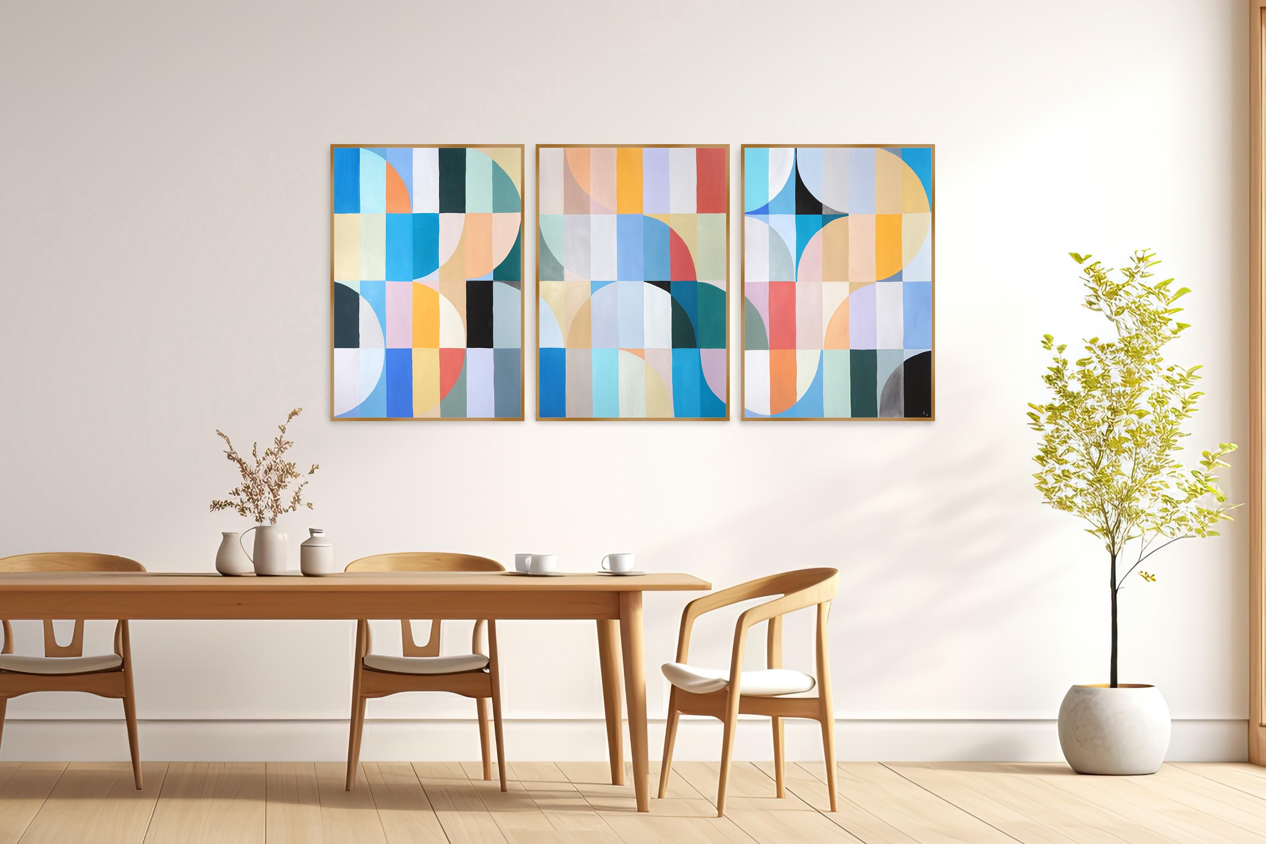 Summer Waters, Bauhaus Triptych in Pastel Turquoise, Acrylic on Paper, Geometry For Sale 4