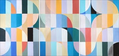 Summer Waters, Trittico Bauhaus in turchese pastello, Acrilico su carta, Geometria