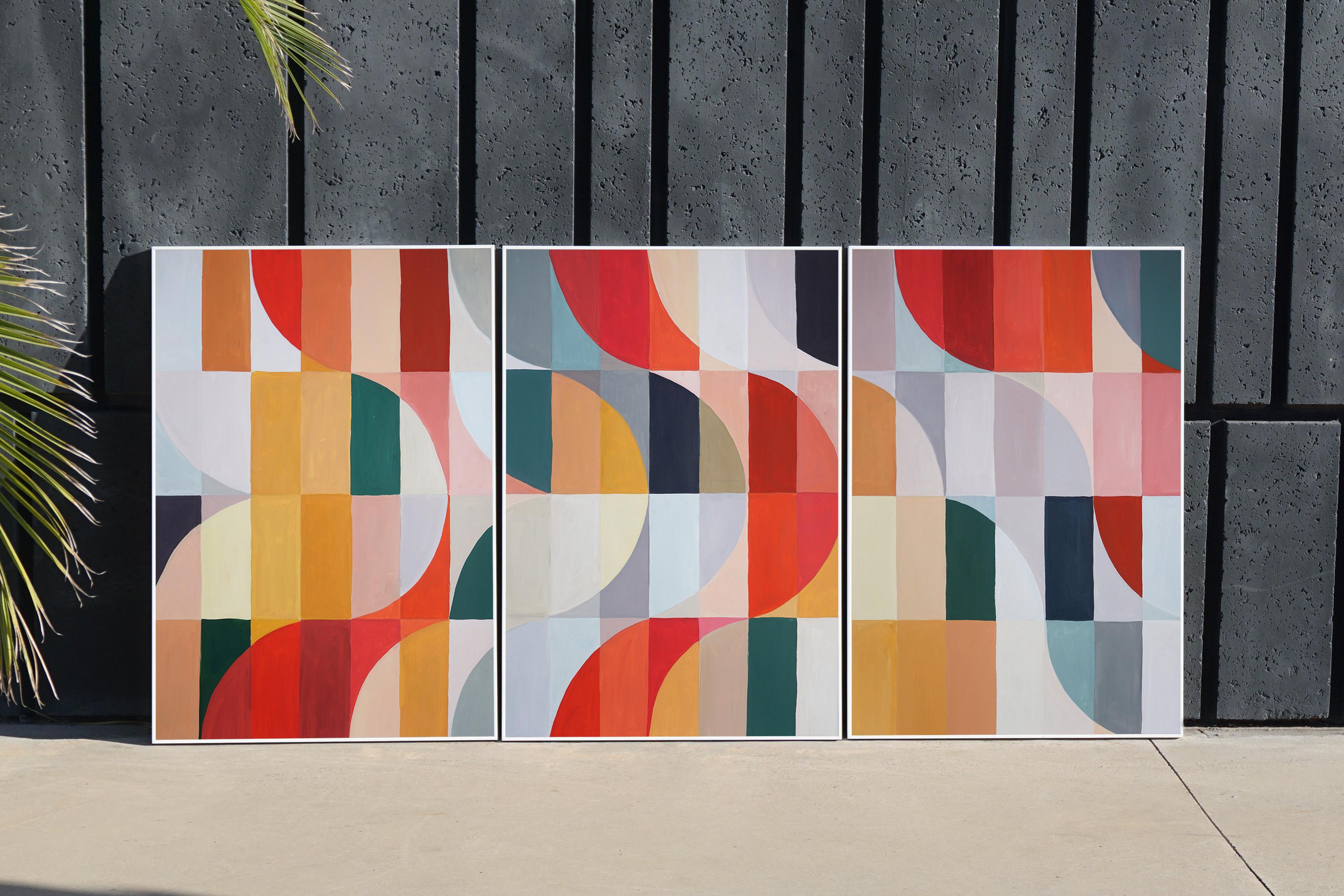 Summertime in Cortina, Bauhaus Geometric Triptych Grid, Abstract Landscape, Red - Painting by Natalia Roman