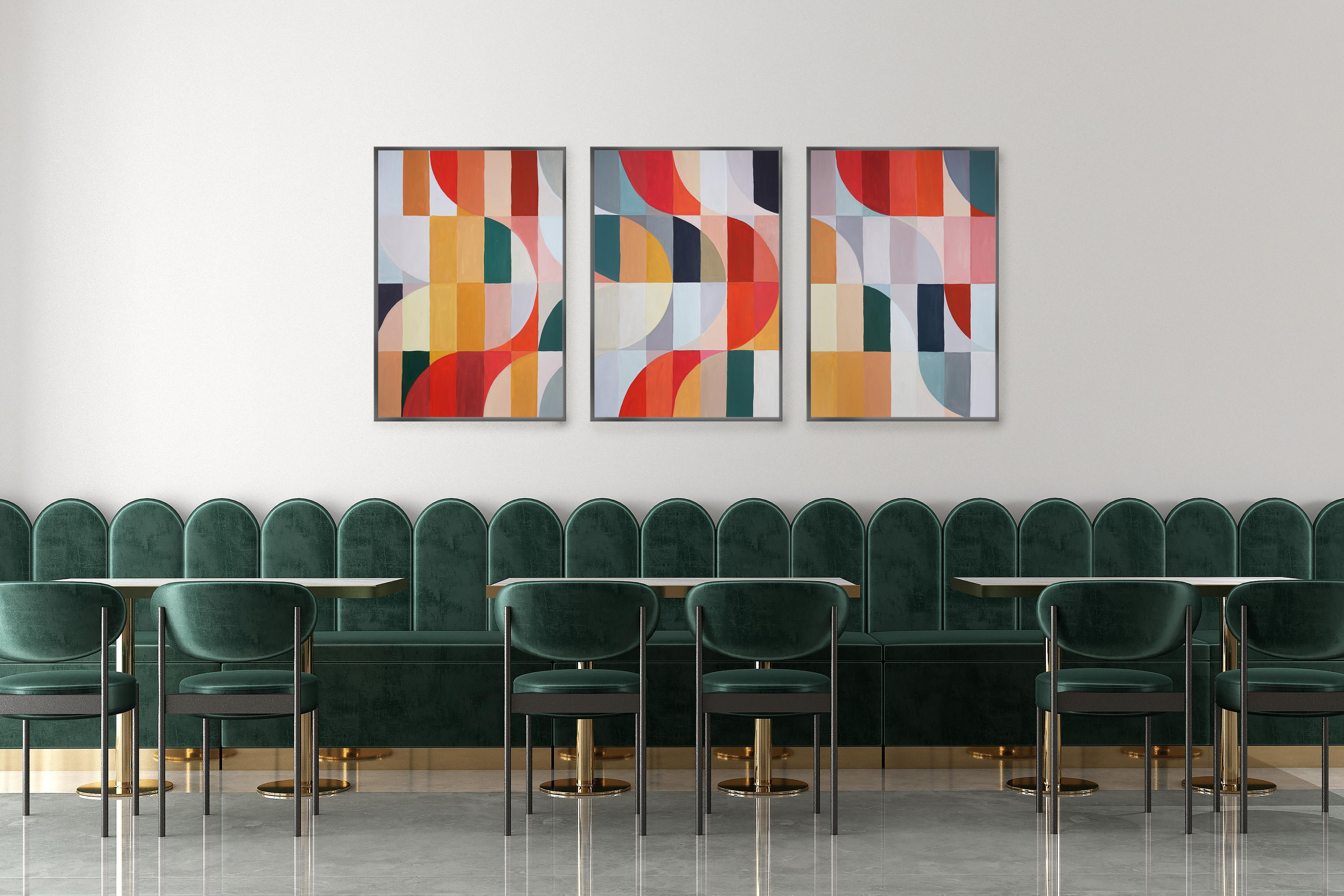 Summertime in Cortina, Bauhaus Geometric Triptych Grid, Abstract Landscape, Red - Abstract Geometric Painting by Natalia Roman