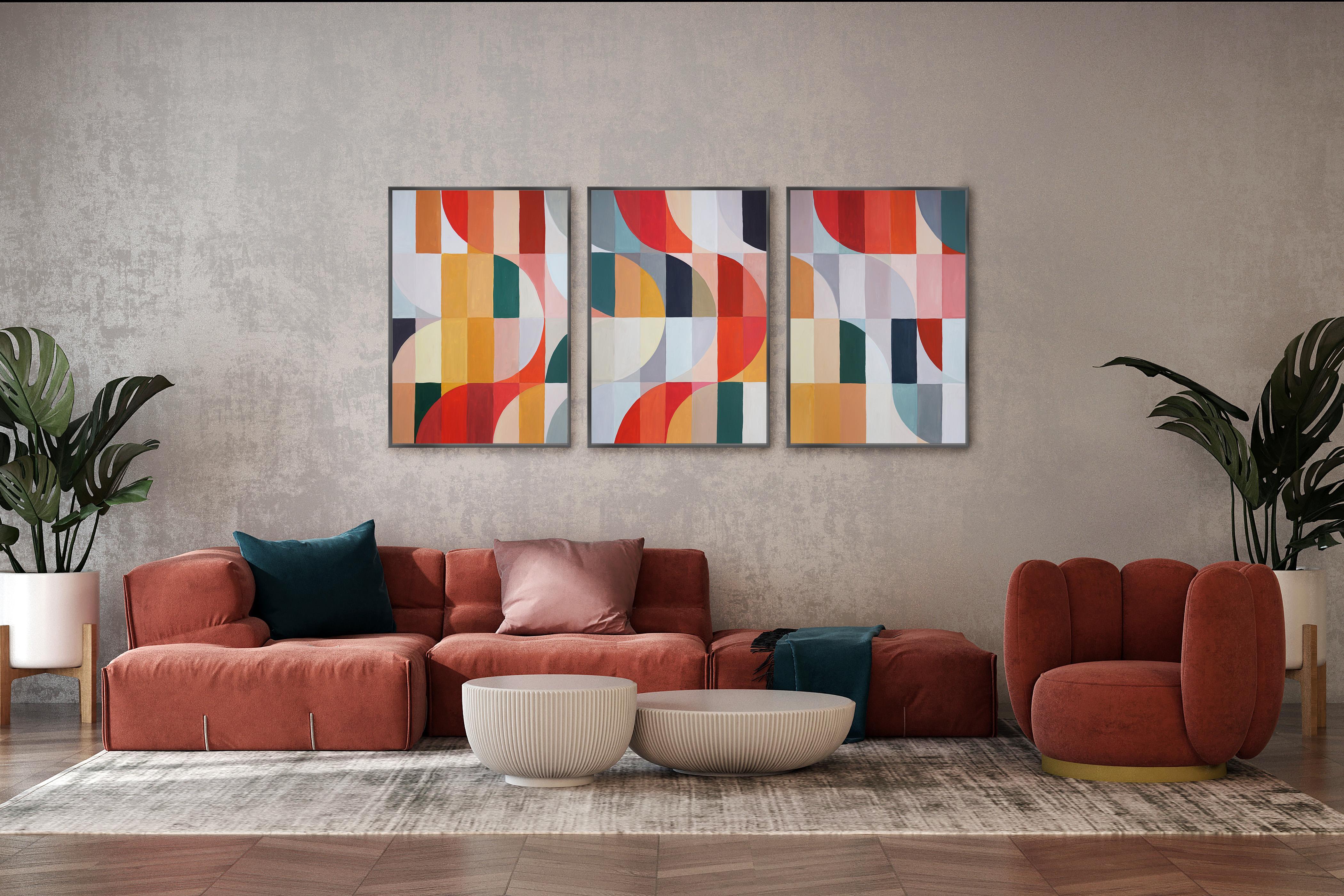Summertime in Cortina, Bauhaus Geometric Triptych Grid, Abstract Landscape, Red 2