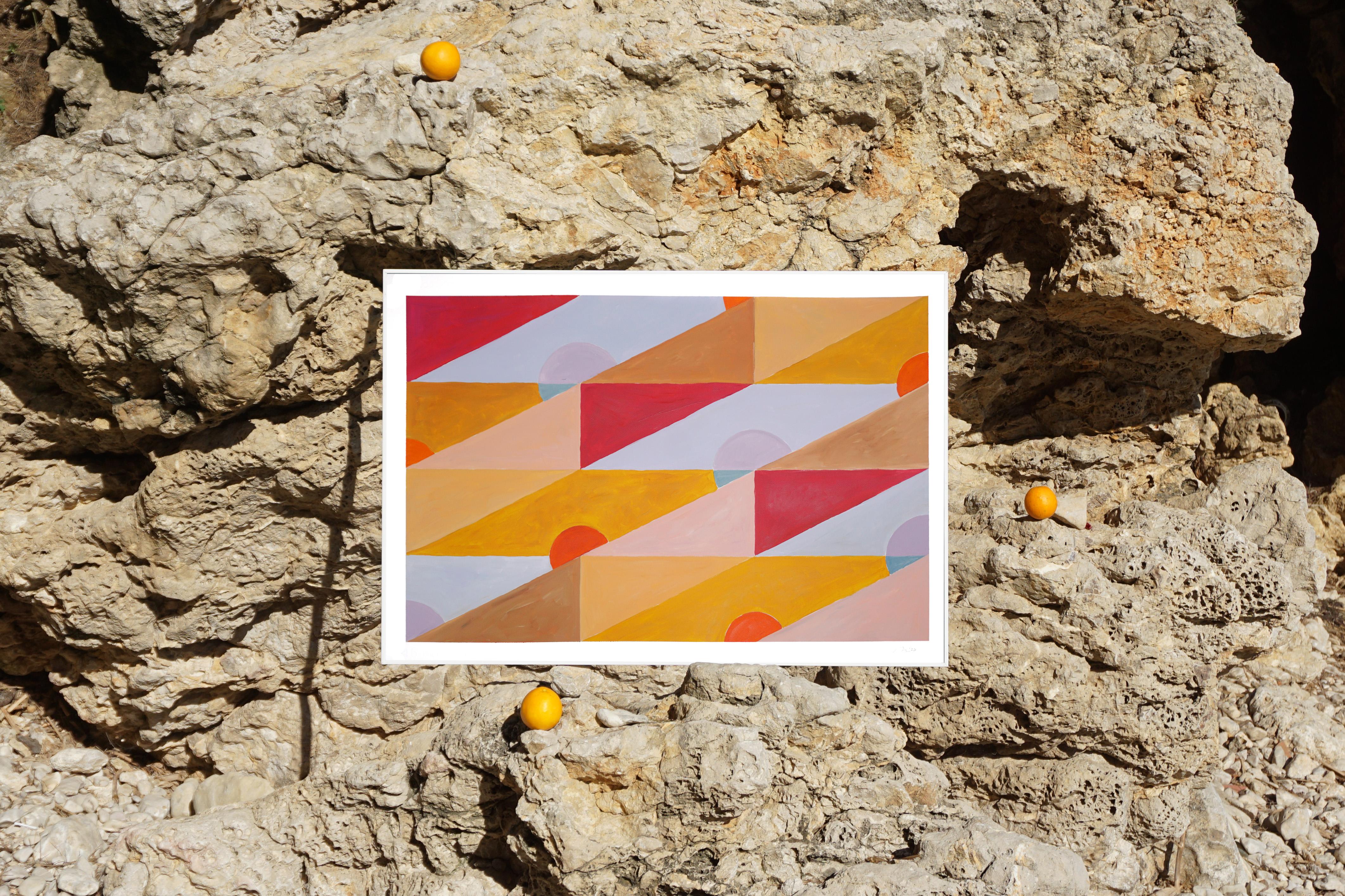 Paysage abstrait aux tons chauds Sunrise in The Tropics, jaune, orange, géométrique - Painting de Natalia Roman