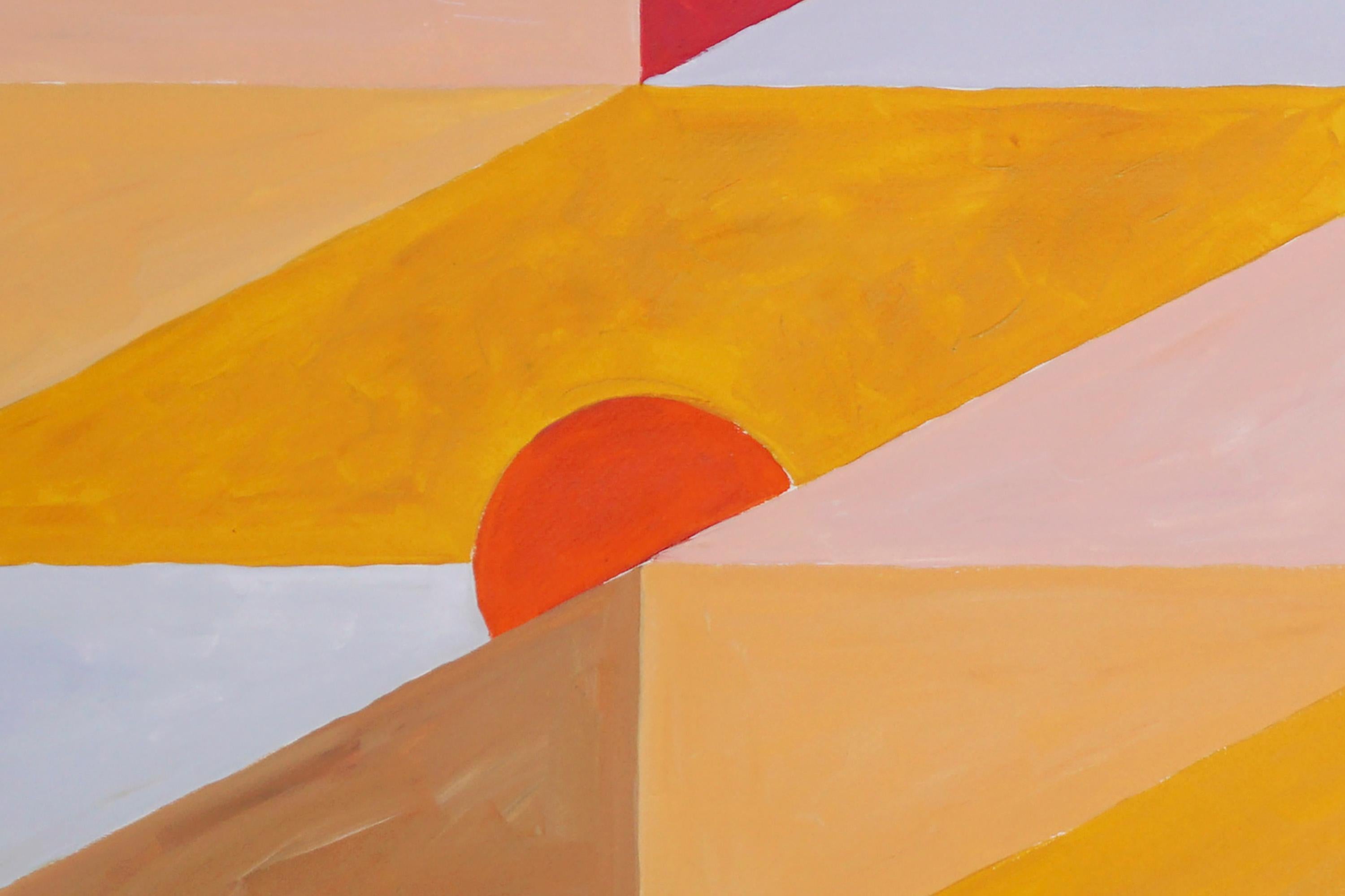 Paysage abstrait aux tons chauds Sunrise in The Tropics, jaune, orange, géométrique - Orange Landscape Painting par Natalia Roman