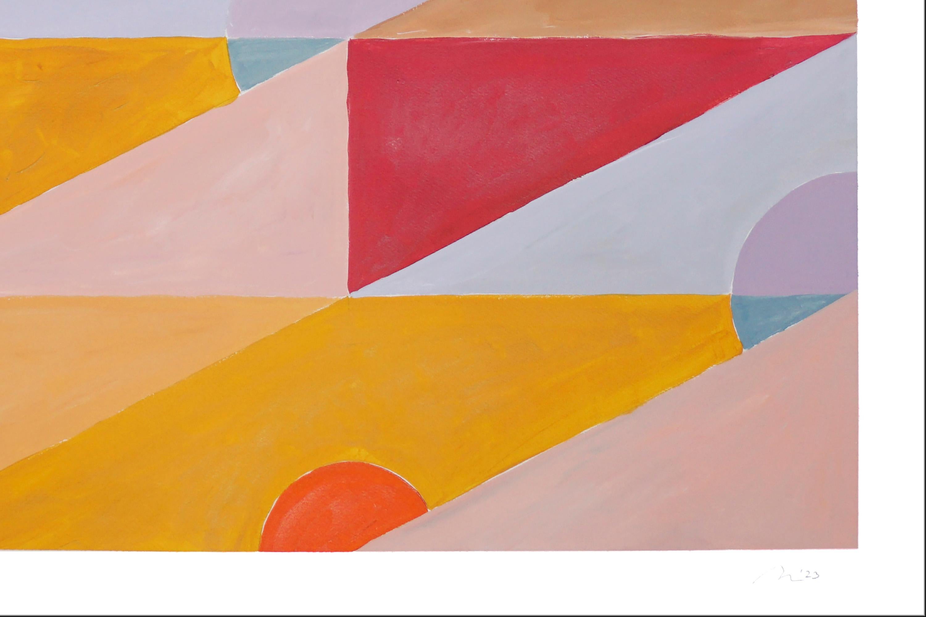 Sunrise in The Tropics, Warm Tones Abstract Landscape, Yellow, Orange, Geometric - Abstract Geometric Painting by Natalia Roman