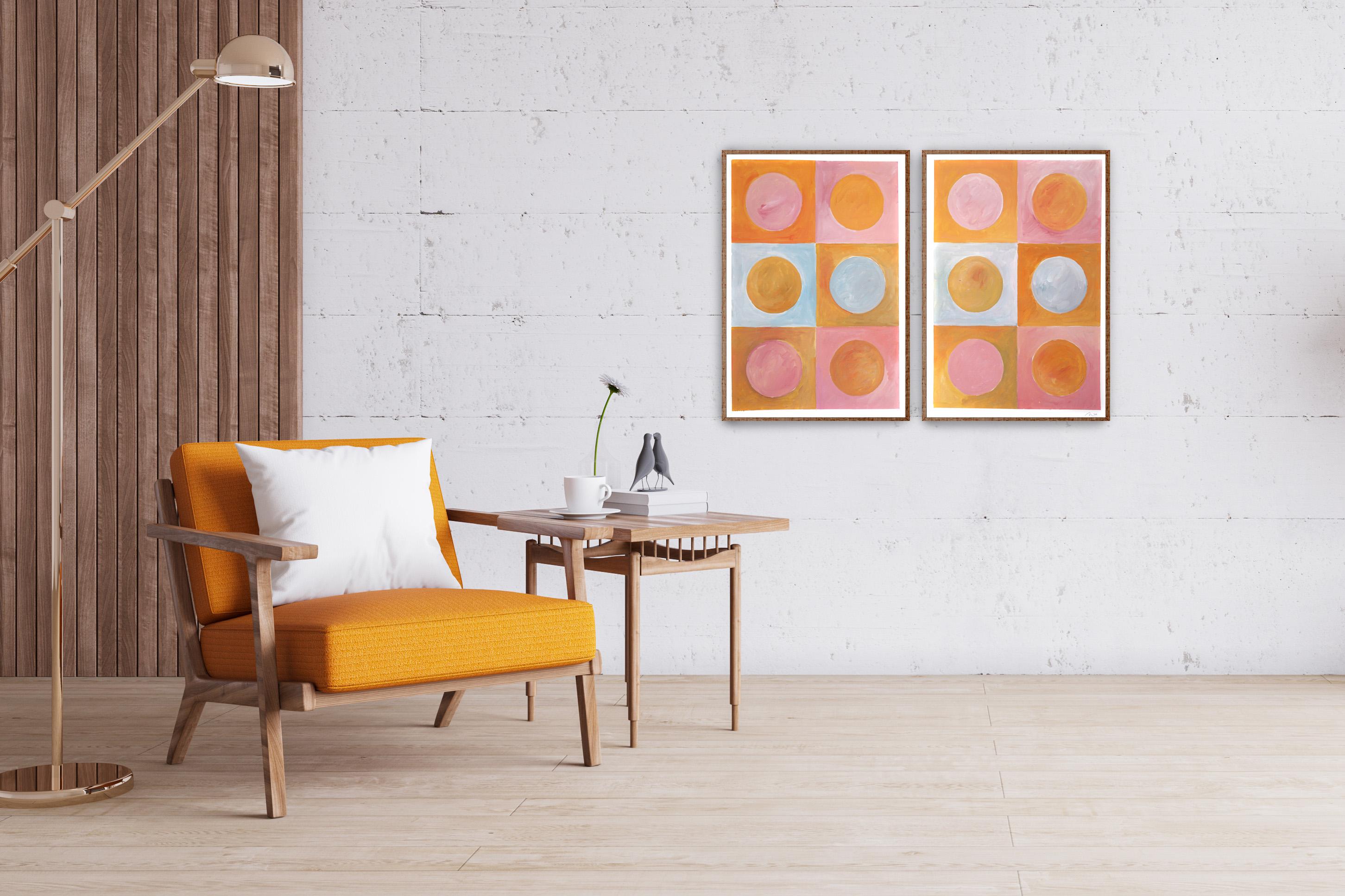 Sunset Sunny Lights, Warm Tones, Miami Vintage Pink and Orange Tiles Diptych - Painting by Natalia Roman