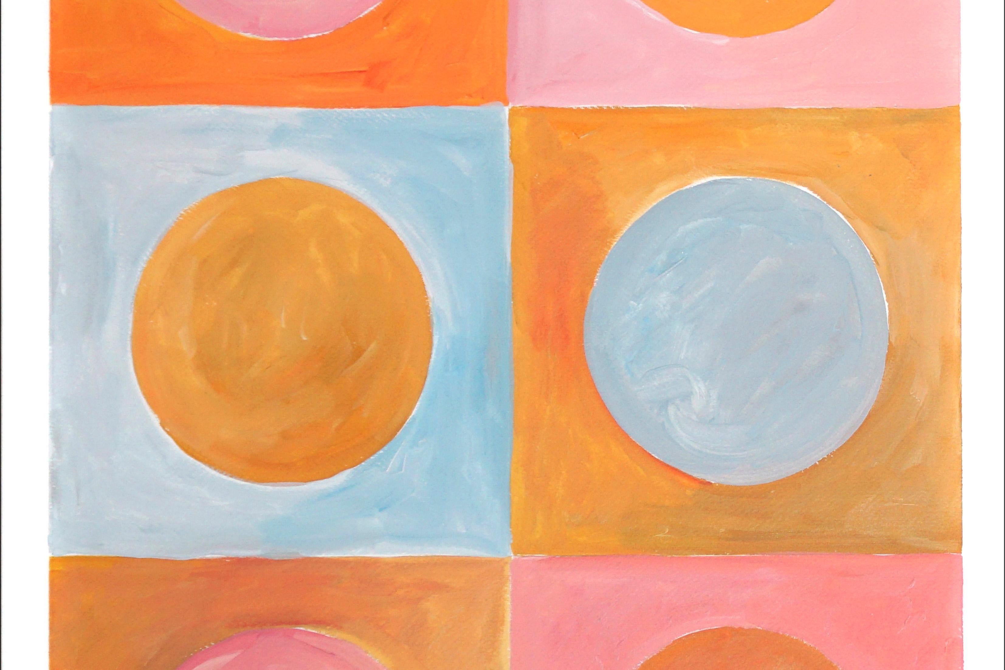 Sunset Sunny Lights, Warm Tones, Miami Vintage Pink and Orange Tiles Diptych - Art Deco Painting by Natalia Roman