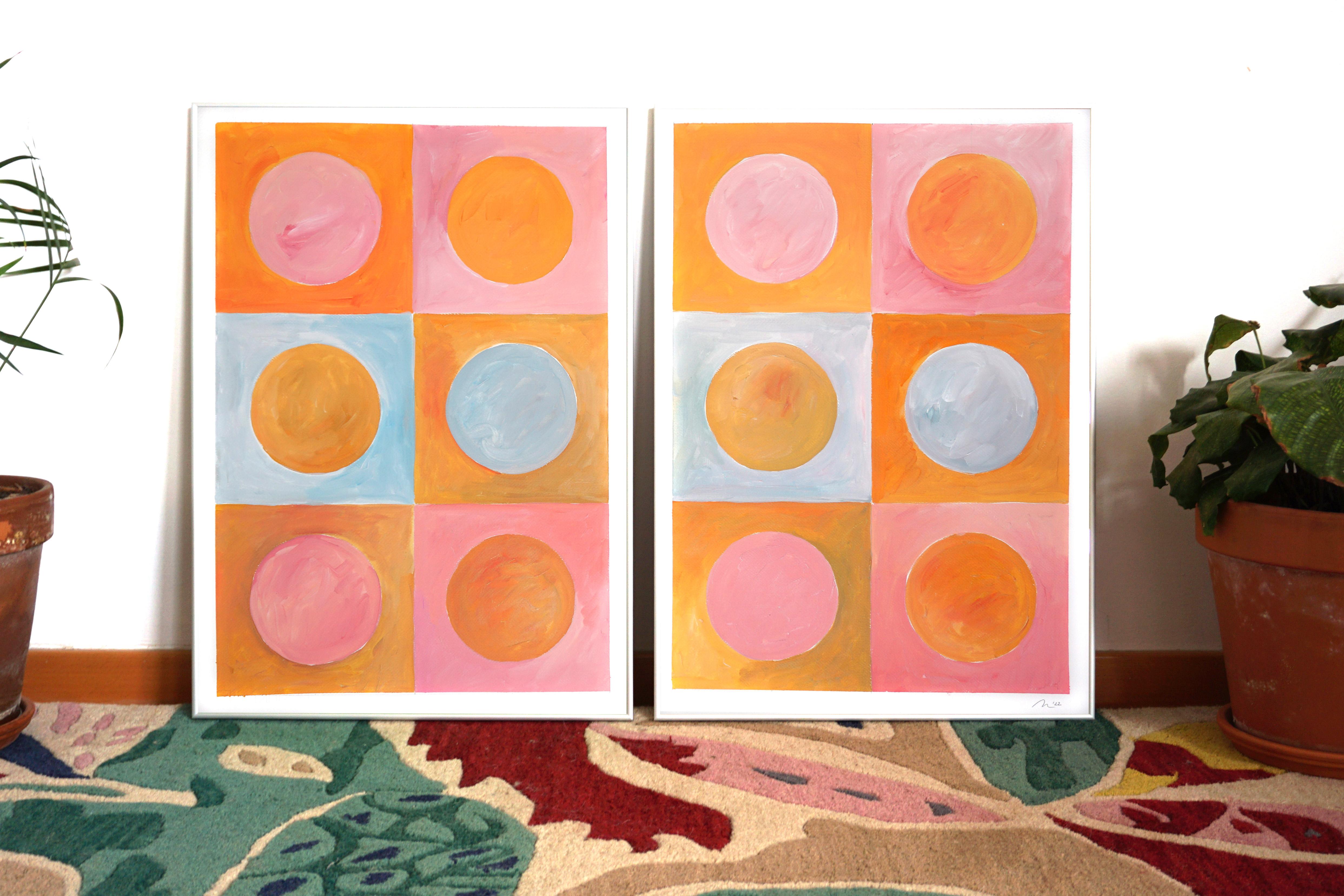 Sunset Sunny Lights, Warm Tones, Miami Vintage Pink and Orange Tiles Diptych 1