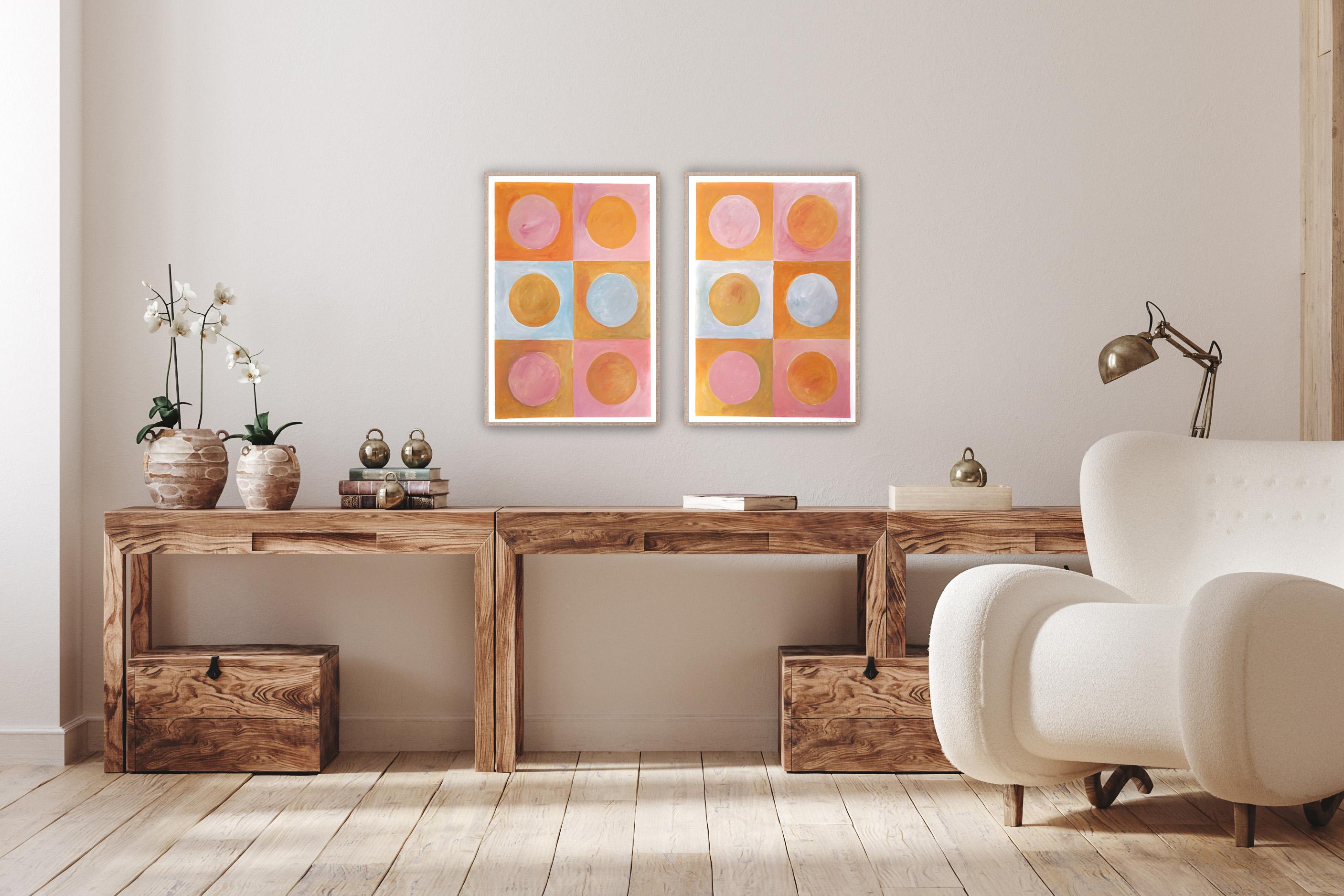 Sunset Sunny Lights, Warm Tones, Miami Vintage Pink and Orange Tiles Diptych 2
