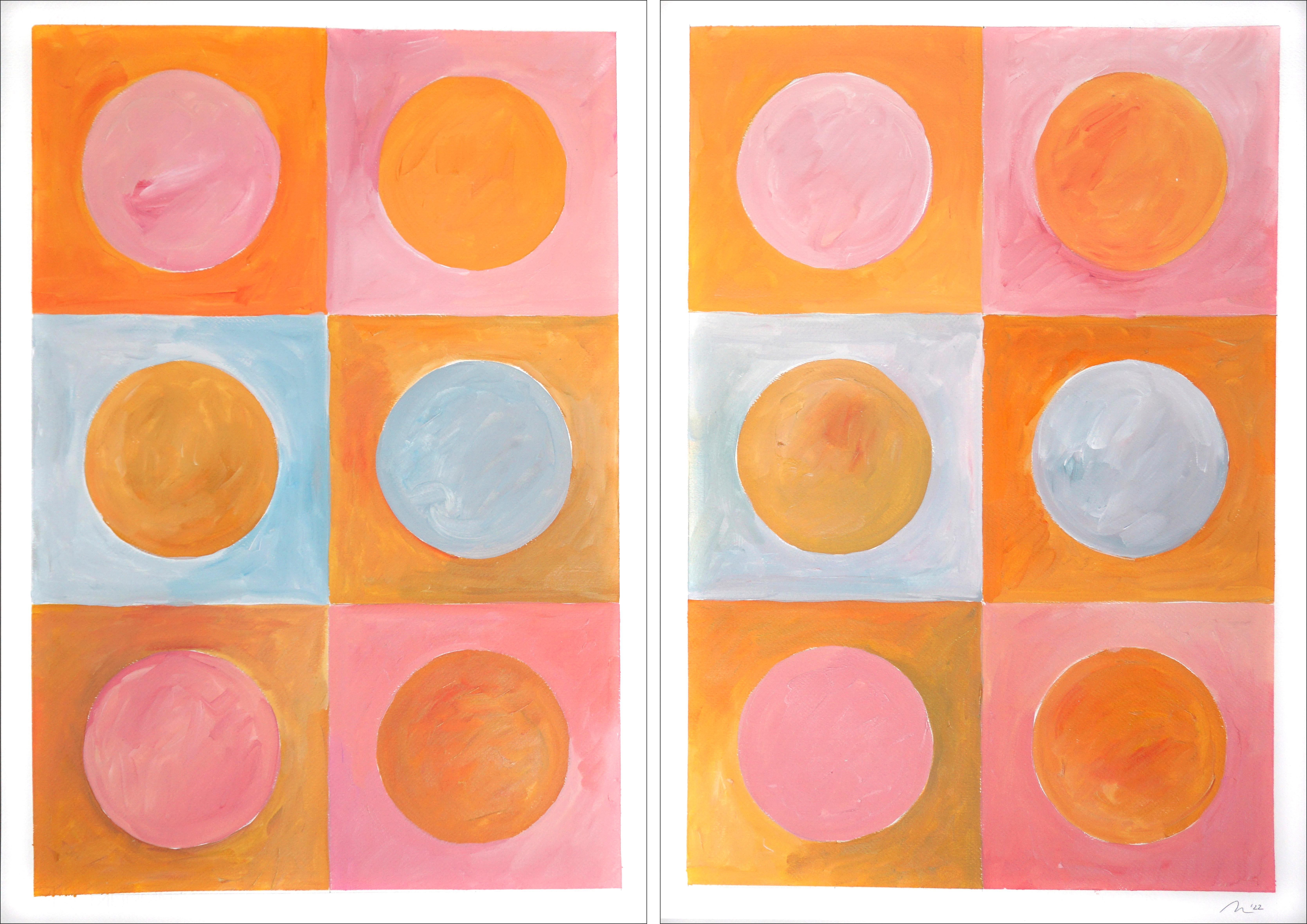 Natalia Roman Landscape Painting - Sunset Sunny Lights, Warm Tones, Miami Vintage Pink and Orange Tiles Diptych