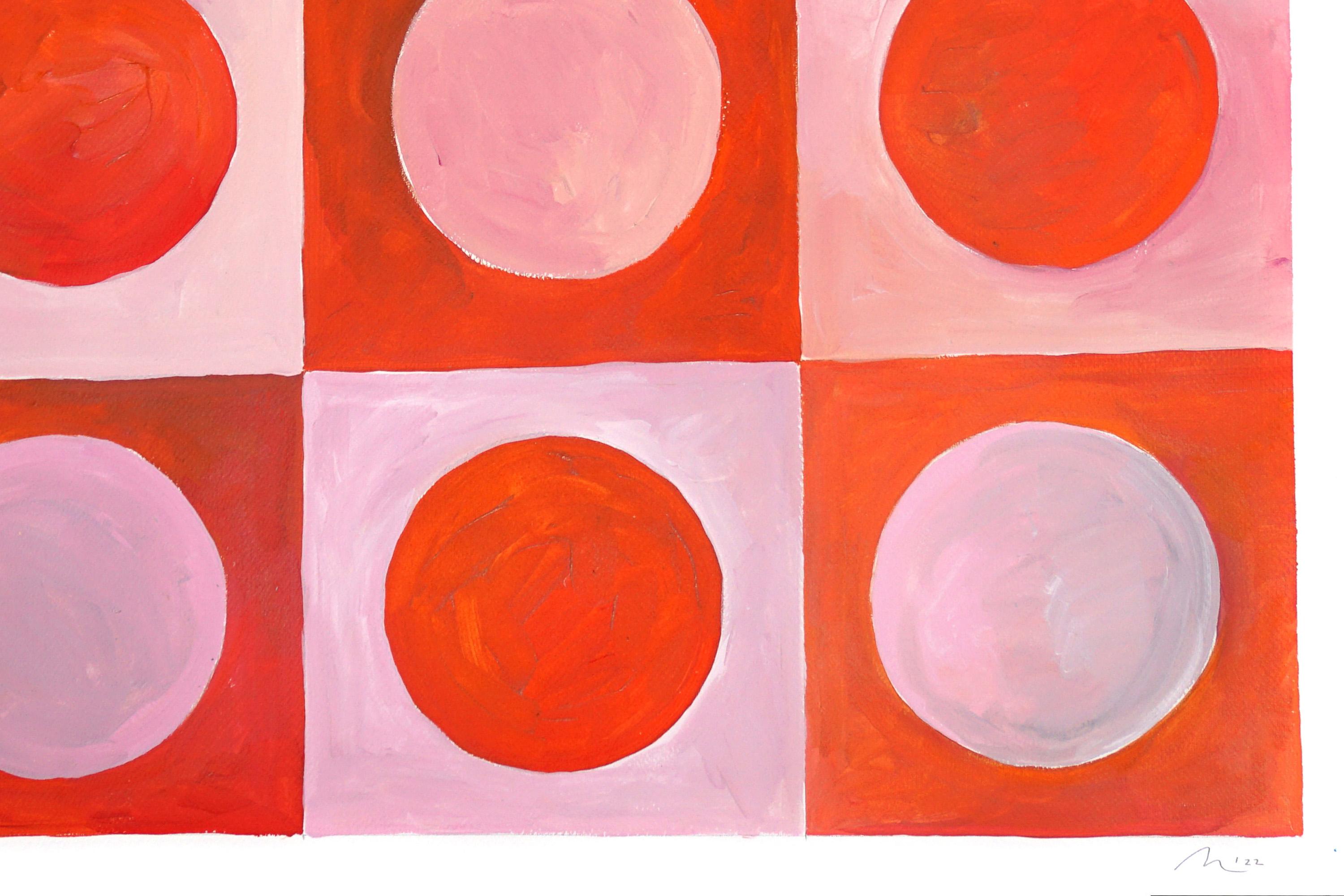 Sunset Tiles Pattern in Red and Pink, Miami Tones Checkers, Circles and Squares  - Abstract Geometric Painting by Natalia Roman