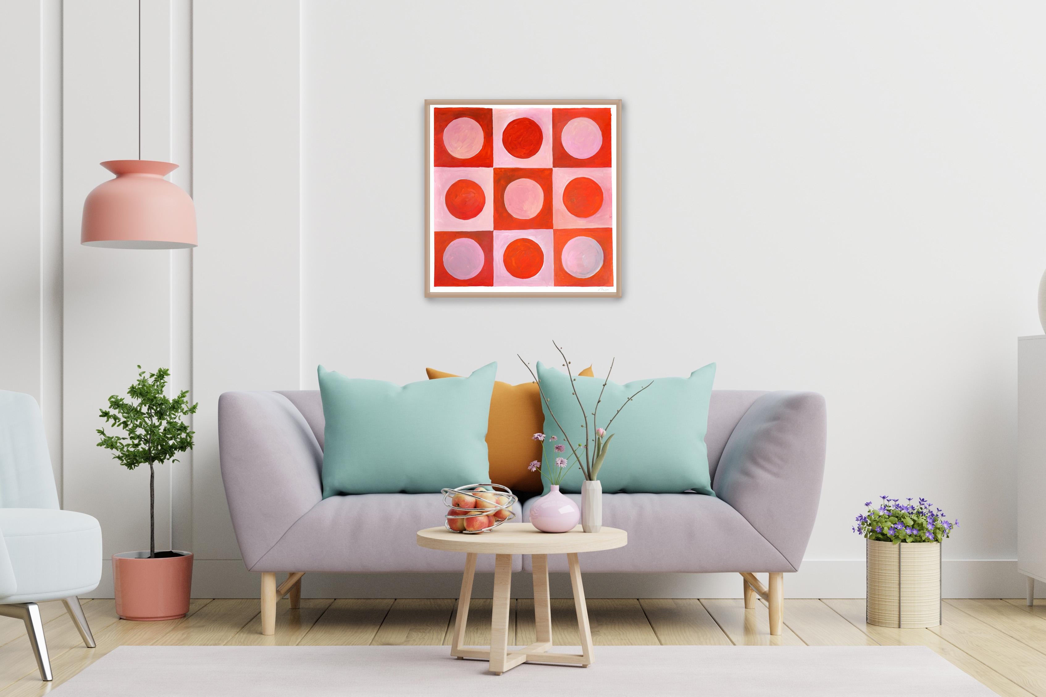 Sunset Tiles Pattern in Red and Pink, Miami Tones Checkers, Circles and Squares 3
