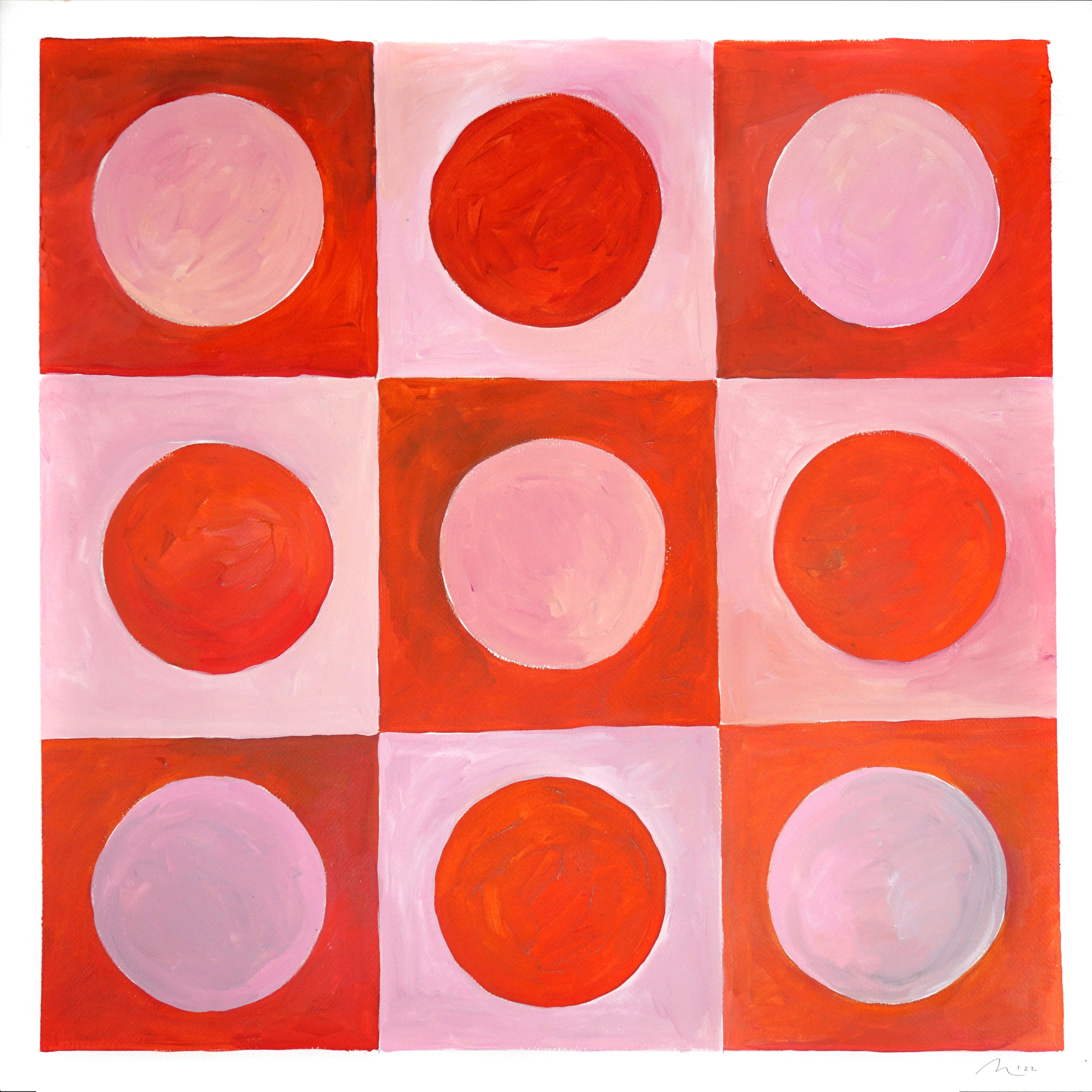 Natalia Roman Abstract Painting - Sunset Tiles Pattern in Red and Pink, Miami Tones Checkers, Circles and Squares 