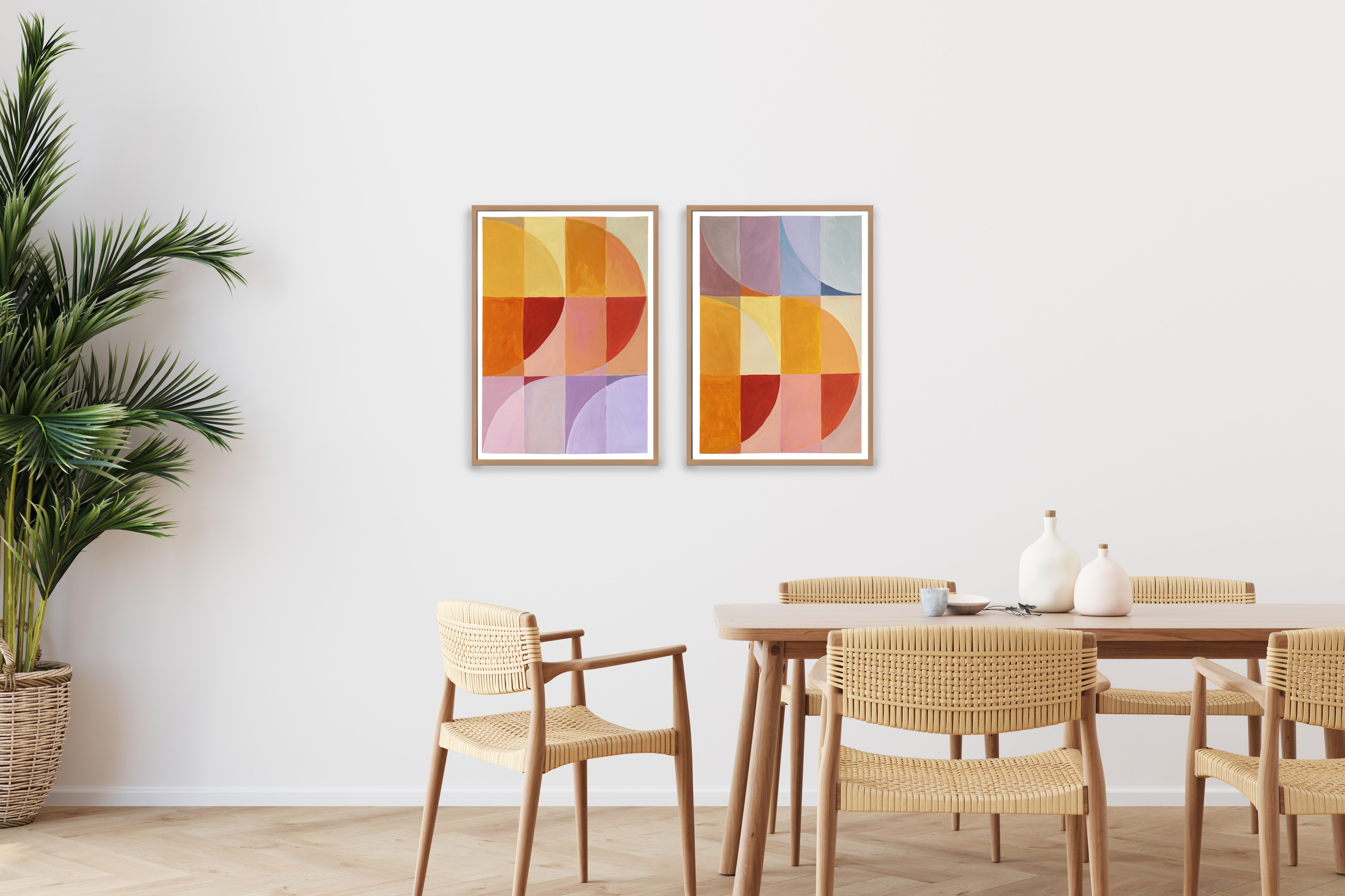 Sunset to Sunrise, Yellow and Orange, Warm Tones Diptych, Bauhaus Tiles, Pattern - Painting by Natalia Roman