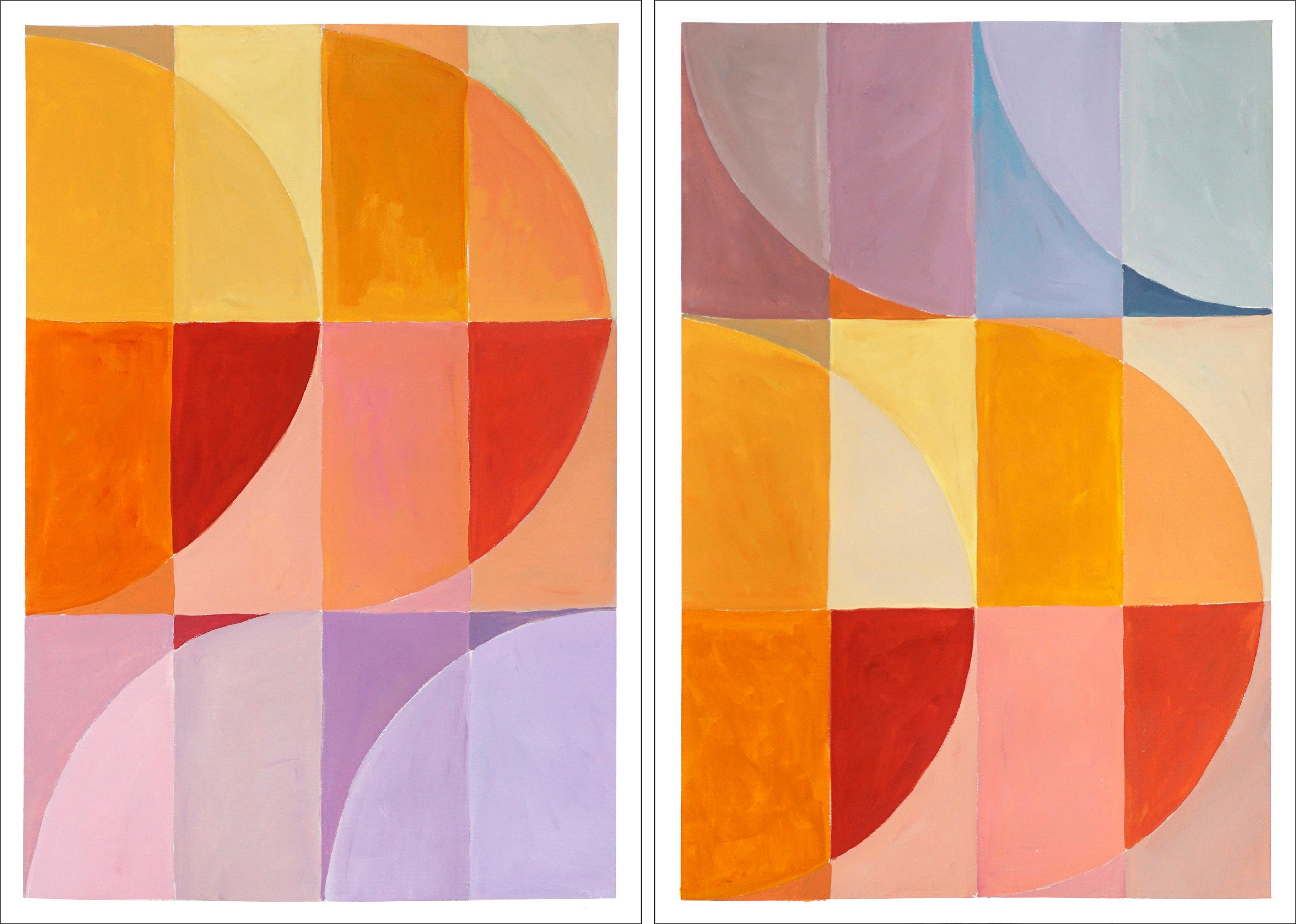 Natalia Roman Abstract Painting - Sunset to Sunrise, Yellow and Orange, Warm Tones Diptych, Bauhaus Tiles, Pattern