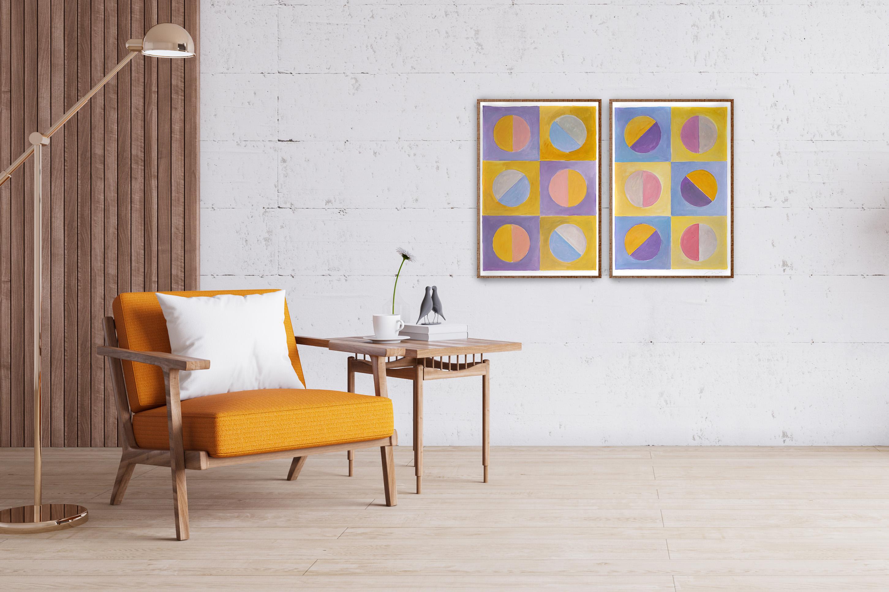 Surreal Pastel Dream, Cream and Pink, Bauhaus Geometry Diptych, Tiles Pattern - Painting by Natalia Roman