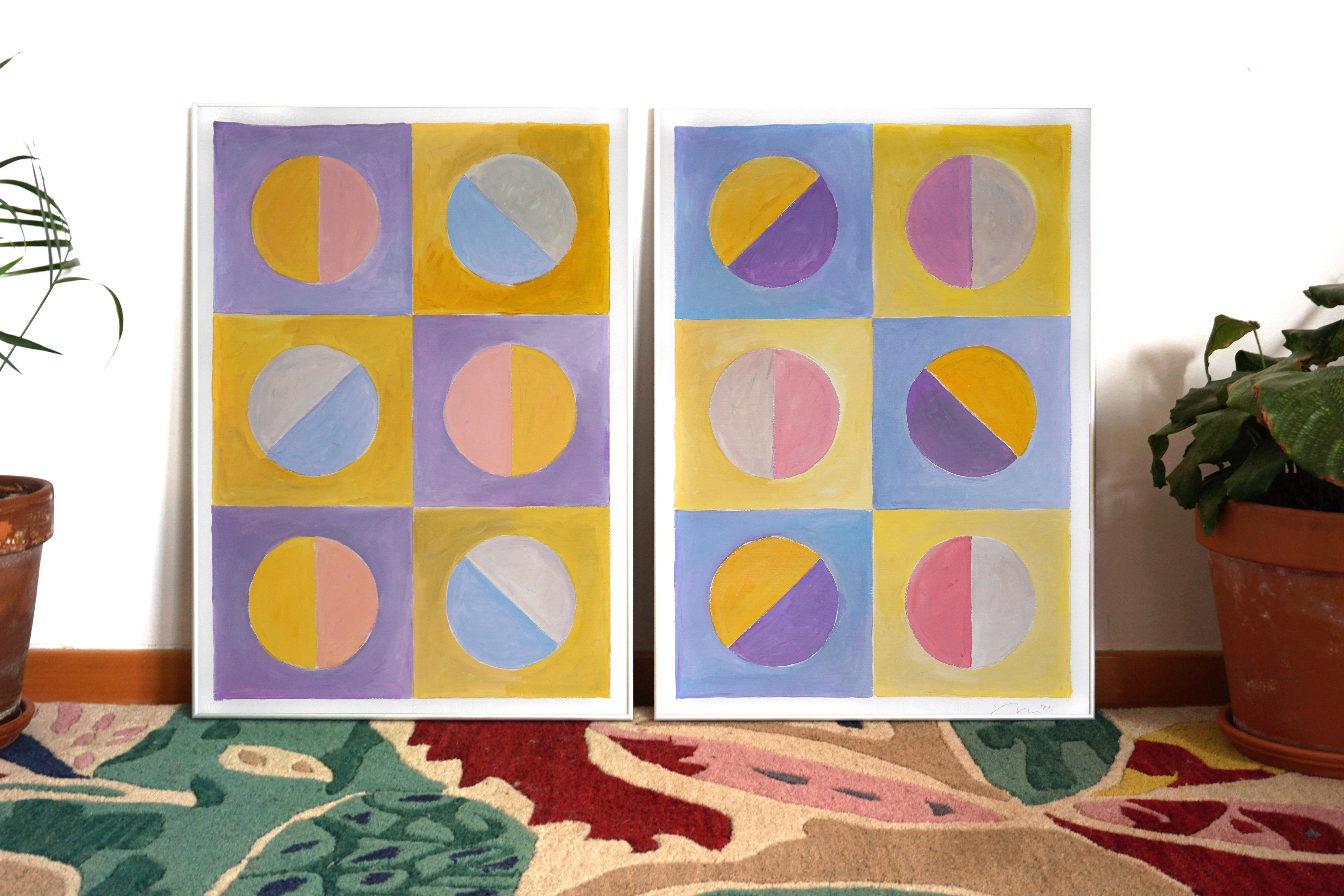 Surreal Pastel Dream, Cream and Pink, Bauhaus Geometry Diptych, Tiles Pattern 2